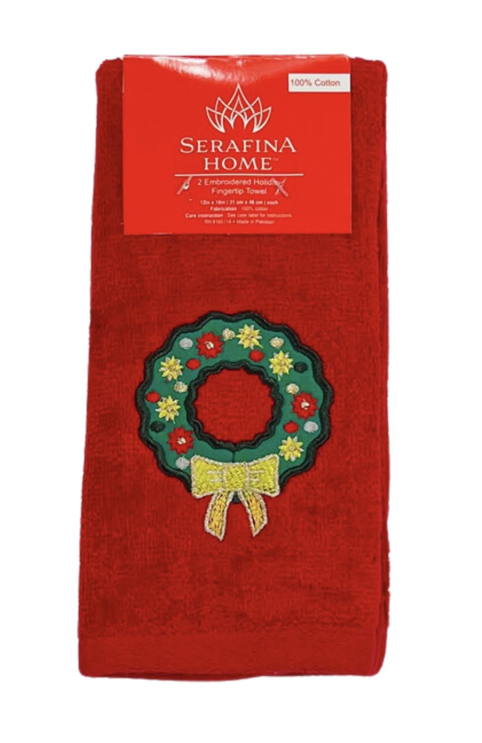 Serafina Home Christmas Bath Towel Set: Cotton Terry Fingertip Towels, Traditional Green Wreath Gold Bow Design, Set Of 2, Embro