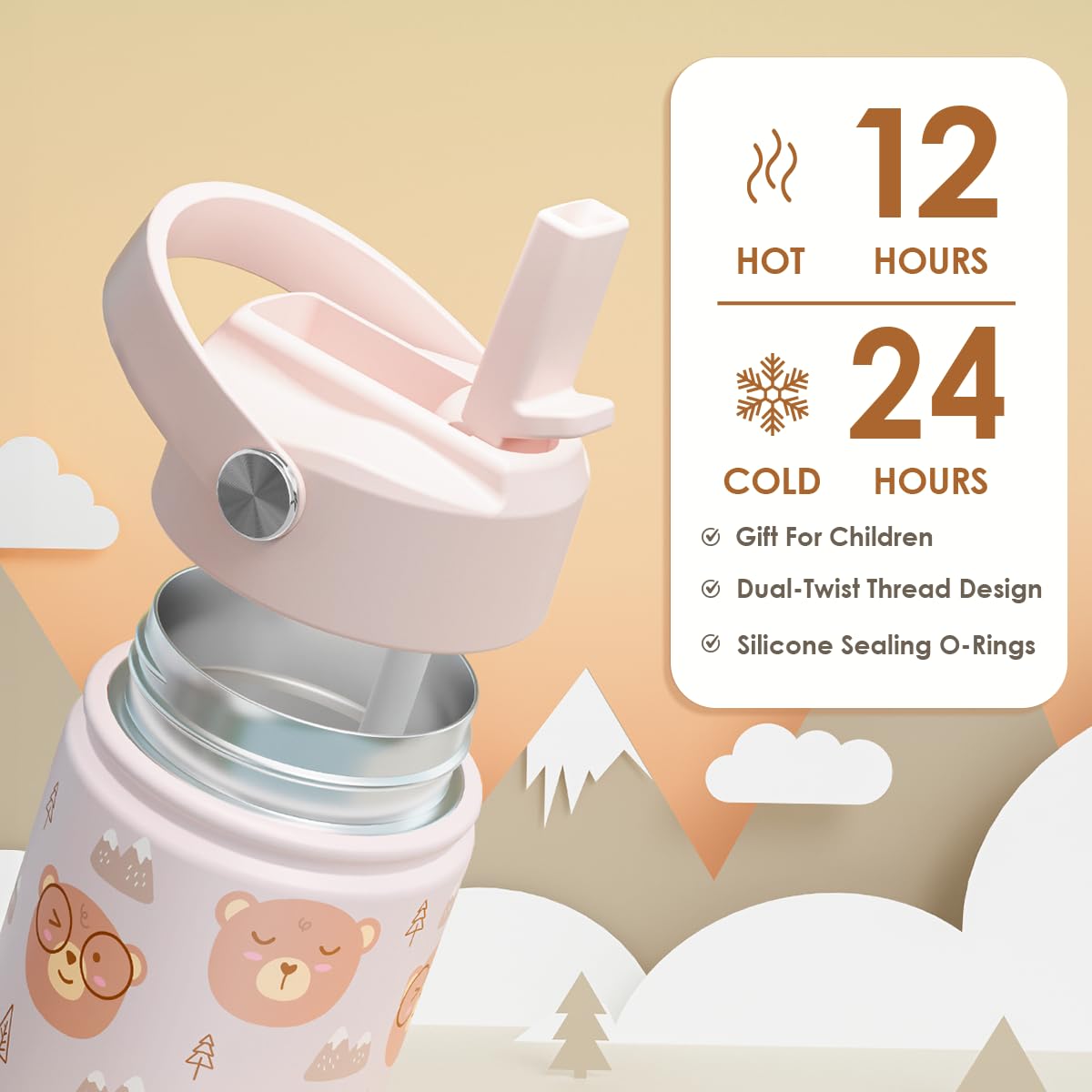 SANDJEST Bear Kids Water Bottle With Straw Lid 12oz Insulated Stainless Steel, Travel Tumbler, Bear Gifts For Boys Girls, Birthd