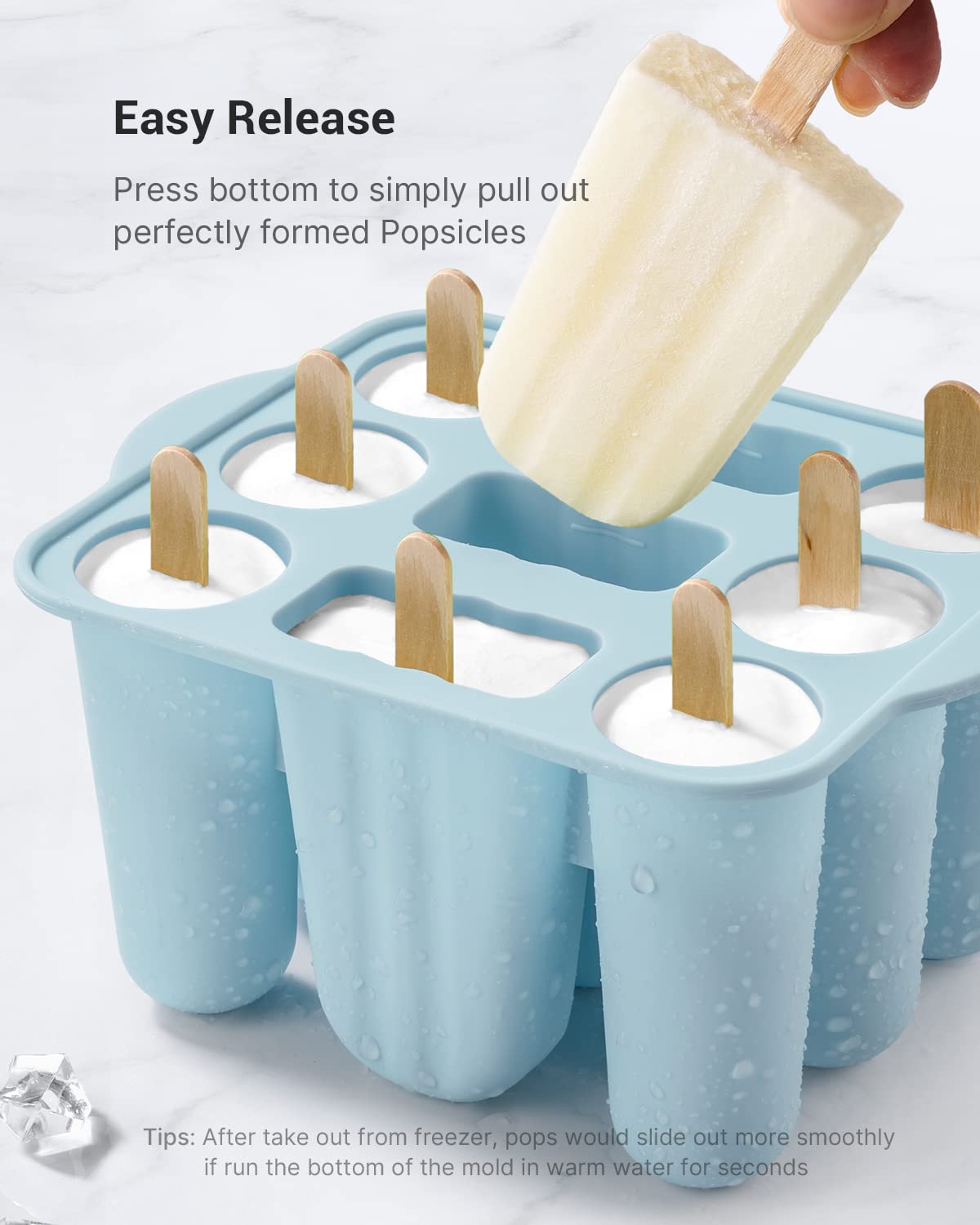 MEETRUE Popsicle Molds Set, 9 Silicone BPA-Free Ice Pop Makers, Blue, Includes Sticks & Bags, Model BBMJ9BLUE-0426GM