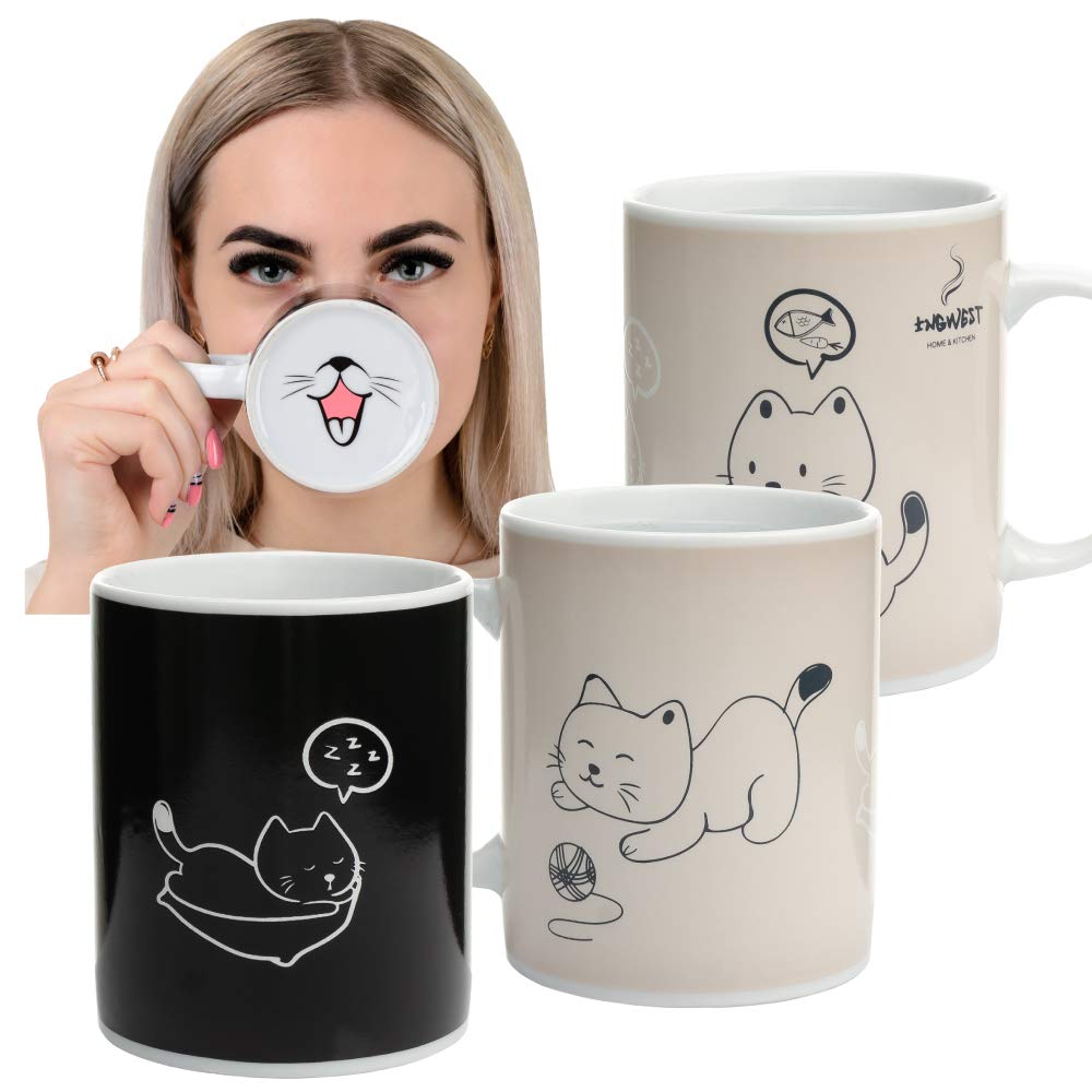 InGwest. Heat Sensitive Color Changing Coffee Mug with Funny Cat. Very Cute Magic Mug with Tongue on bottom.