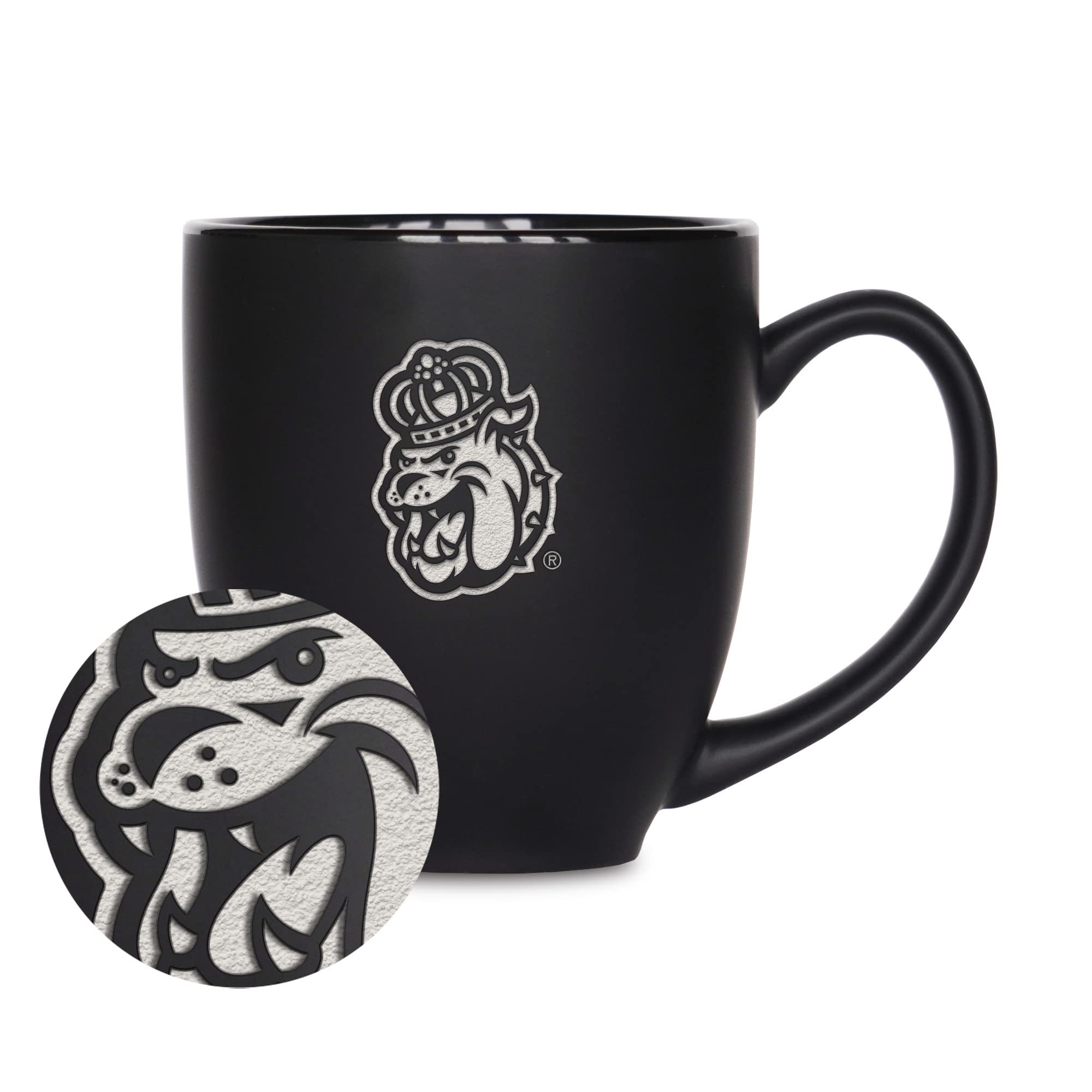 Rico Industries NCAA James Madison Dukes Main 15oz Laser Engraved Matte Black Ceramic Bistro Mug - For Hot or Cold Drinks