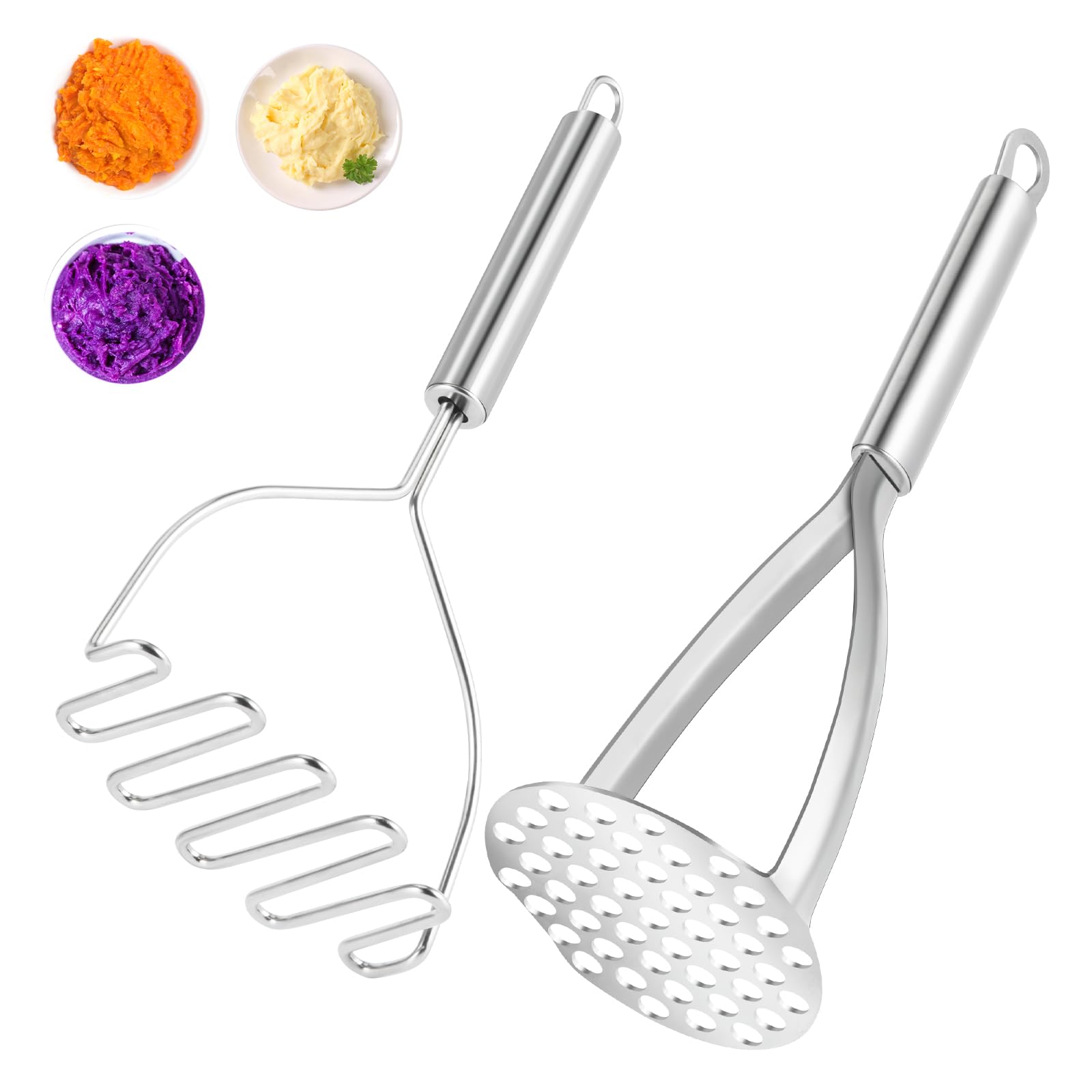 VOOVAO 2 Pcs Family Potato Mashers,304 Stainless Steel Potato Smasher,Bean Smasher Easy to Clean;Size M