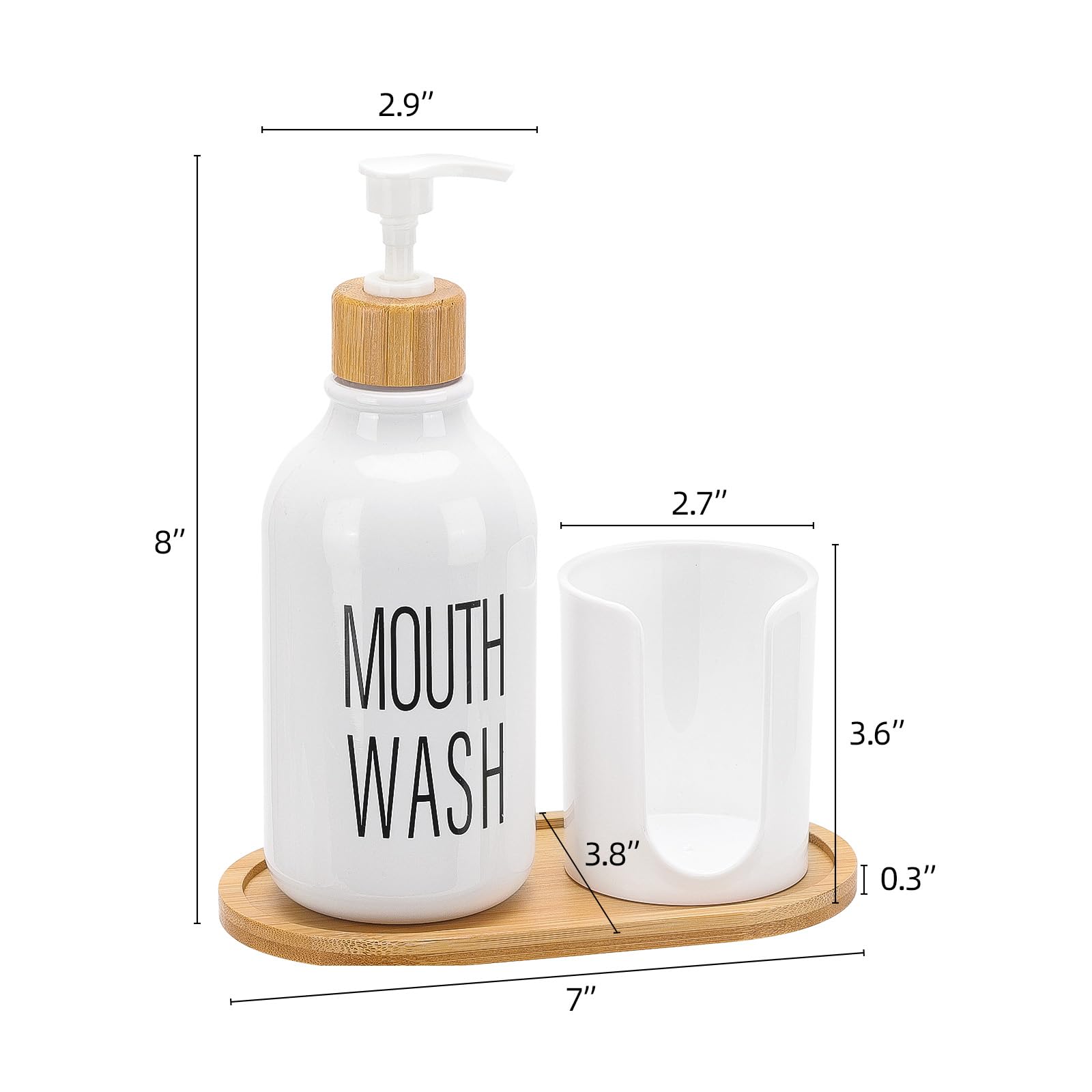 Mouthwash Dispenser With Cup Holder, Plastic White Mouth Wash Pump Bottle With Tray For Bathroom Organizers, 17Oz Refillable Cle