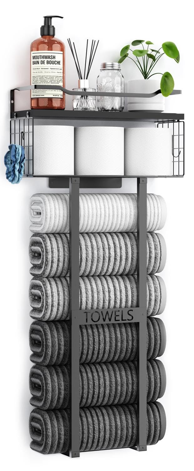 Aetyord Towel Racks for Bathroom 31inch Wall Mounted Towel Rack,Floating Shelf with Wood Plank,Towel Storage for Bathroom can Ho