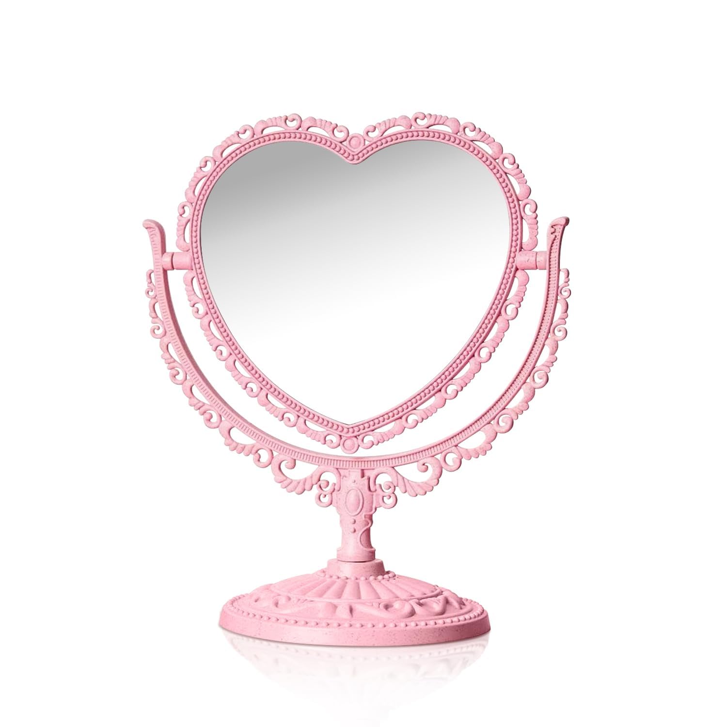 Qeeyon Pink Heart Vanity Mirror 360 Degree Swivel Makeup Mirror Aesthetic Mirror Double Sided Table Desk Countertop Mirror Stand