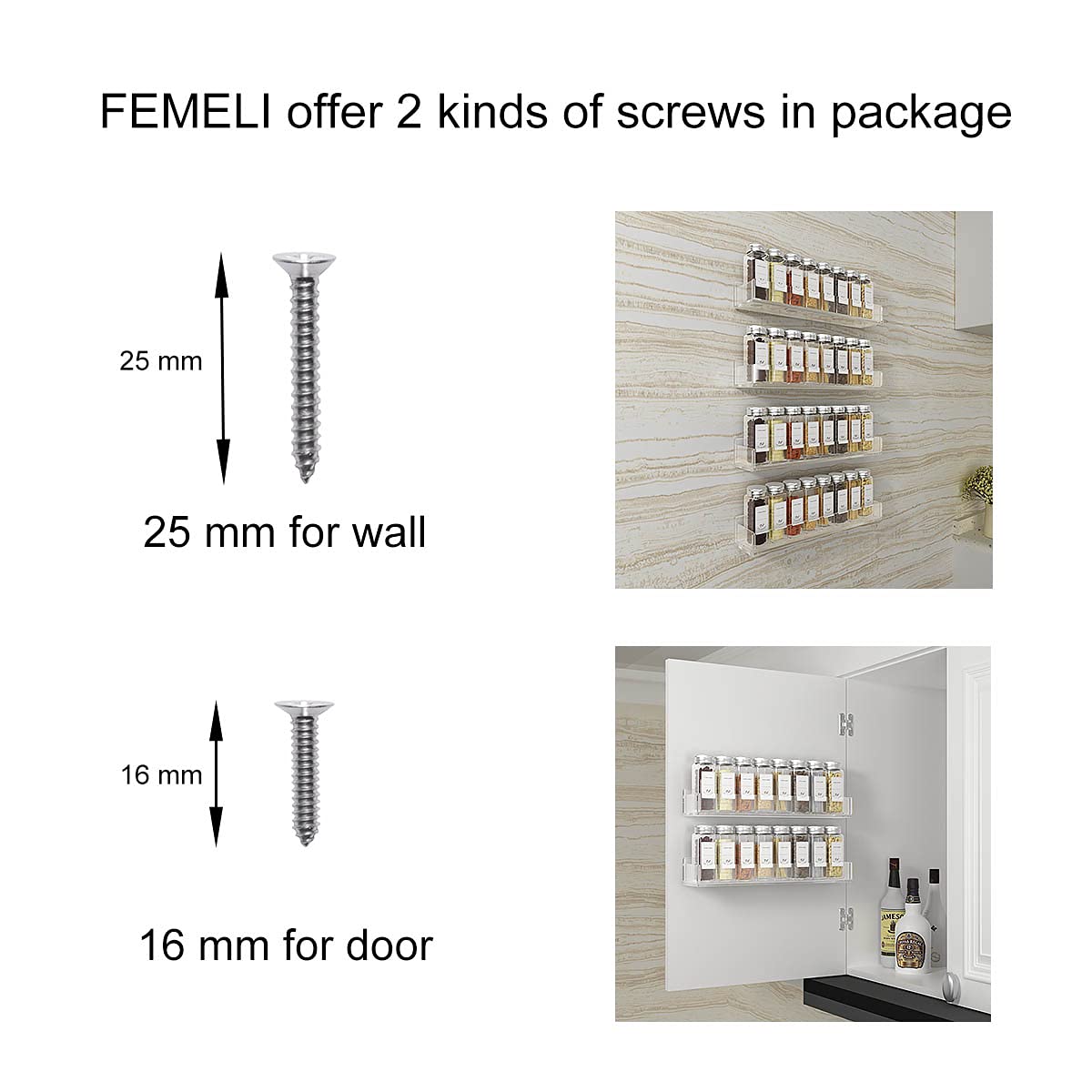 FEMELI Acrylic Spice Rack Wall Mount 15 Inch, 4 Packs Of Hanging Spice Rack Shelf for Cabinets Cupboard Or Pantry Door, Wall Spi