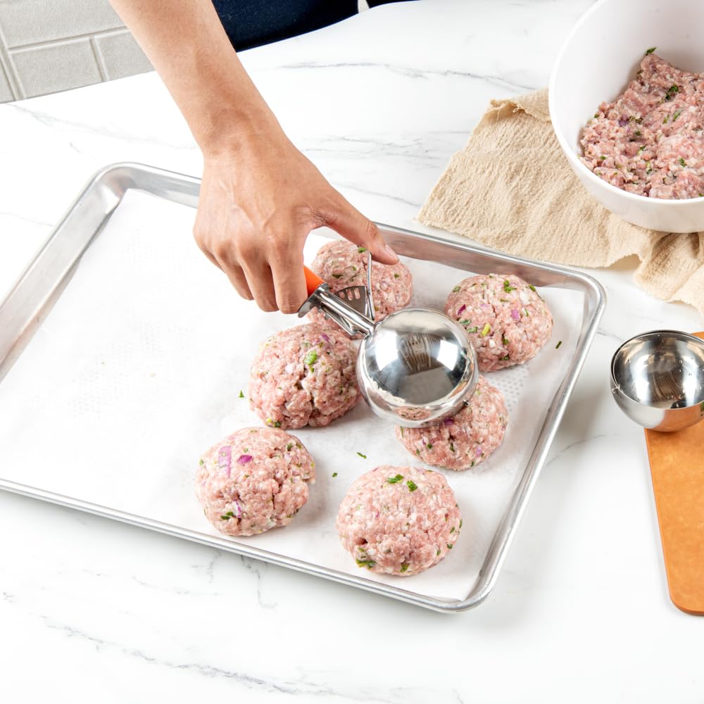 Restaurantware Met Lux 8 Ounce Portion Scoop 1 Durable Disher Scoop - Thumb Trigger Orange Stainless Steel Ice Cream Disher For