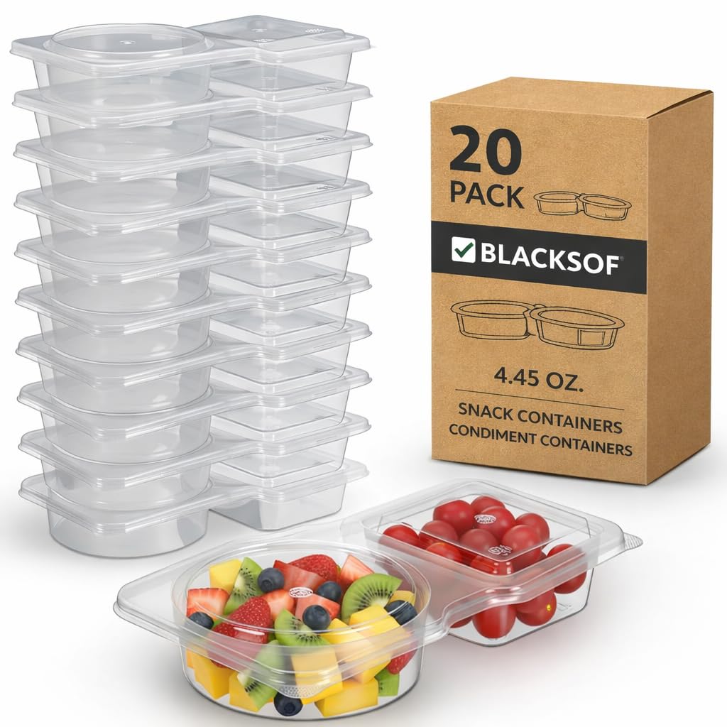 blacksof Reusable Snack Containers with Lids 20 Pack, 2 Compartment Leakproof Snackle Box Container, Portion Control Lunch Box F