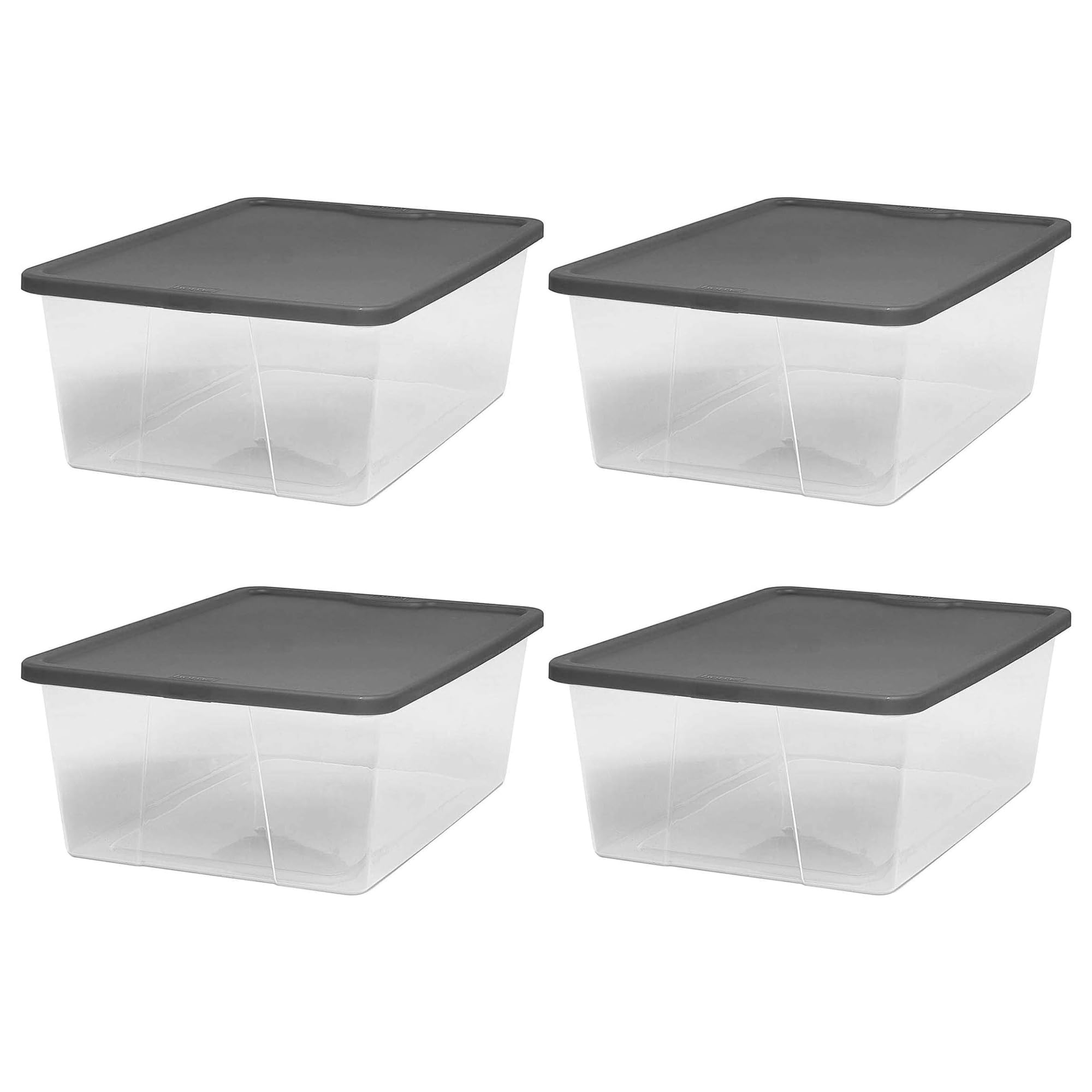 Homz 4 Pack Storage Bins, Plastic Organizing Containers W/Gray Lids, 12 Quart