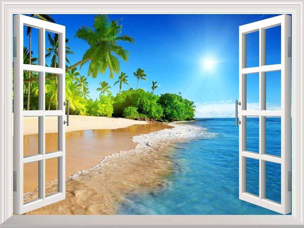 White Beach With Blue Sea And Palm Tree Open Window Mural Wall Sticker - 24''X32''