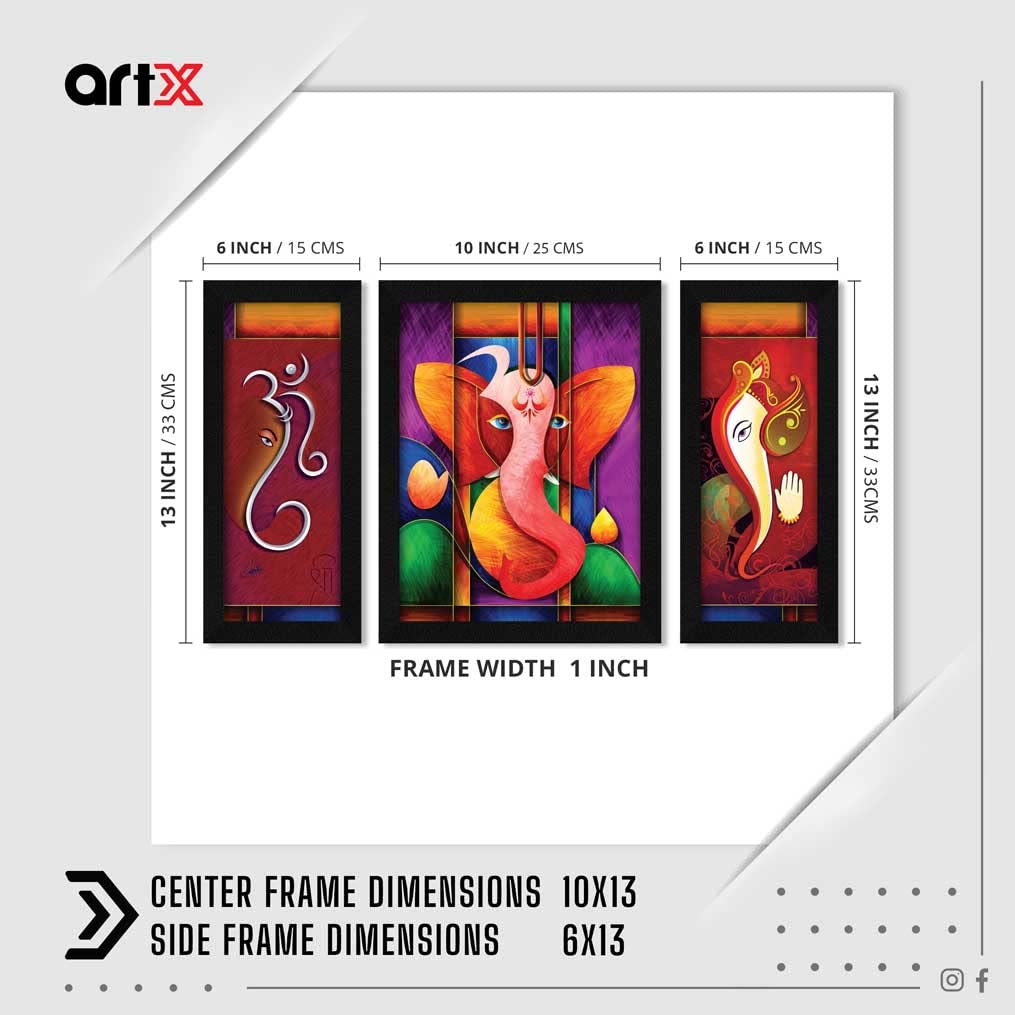 ArtX Paper God Ganesha/Ganpati Ji Multicolor Photo Frame Wall Art Painting, Multicolor, Abstract, 13.0 X 22.0 Inches, Set of 3