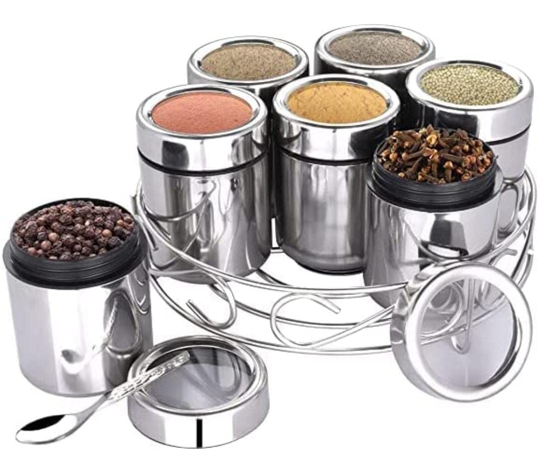 Steeple Stainless Steel Round Shape Masala (Spice) Box/Dabba/Organiser With See Through Lid With 7 Containers And 7 Small Spoon 