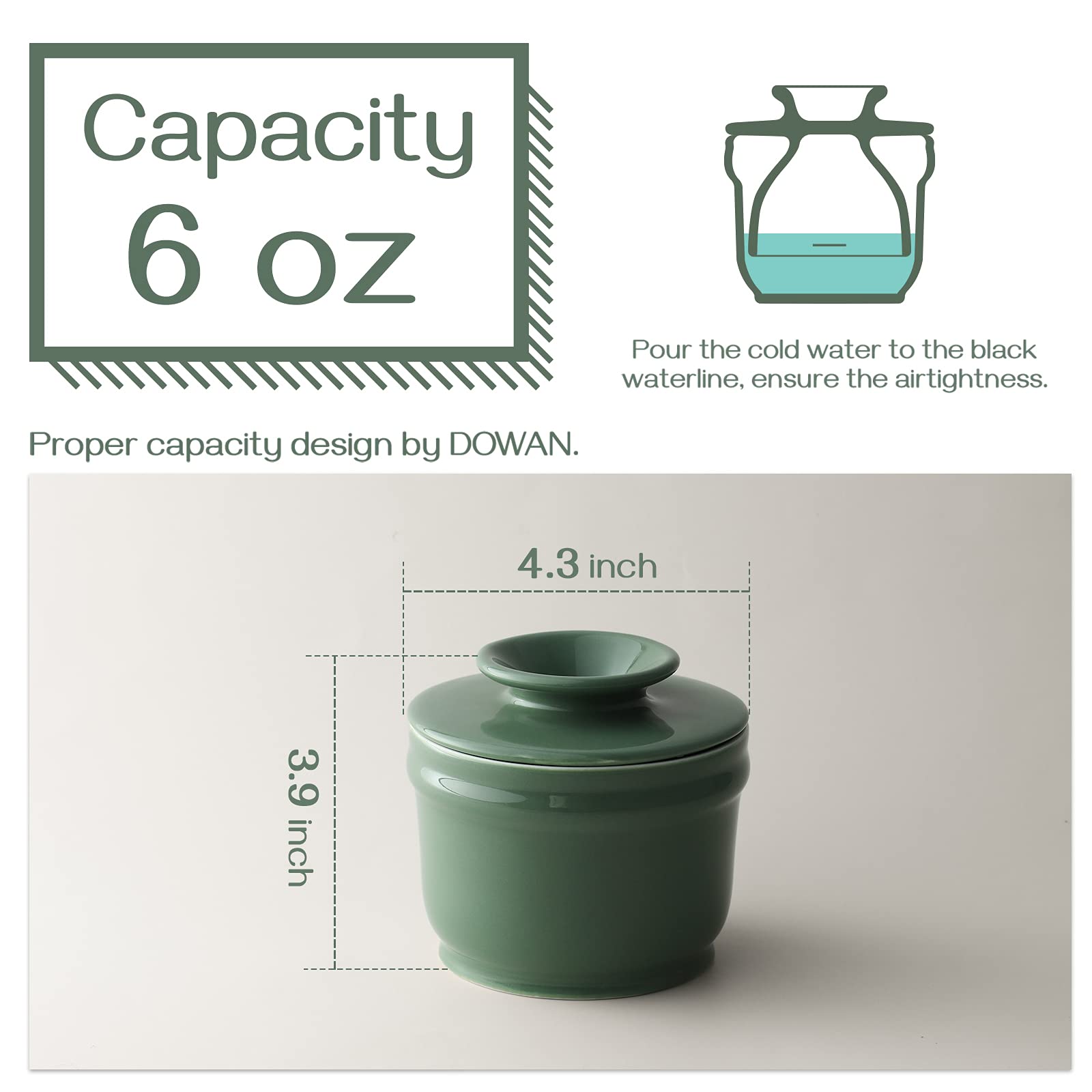DOWAN Porcelain Butter Crock  Butter Keeper with Water Line  French Butter Dish for Soft Fresh Butter  Butter Container with Lid  No More Hard Butter  Green