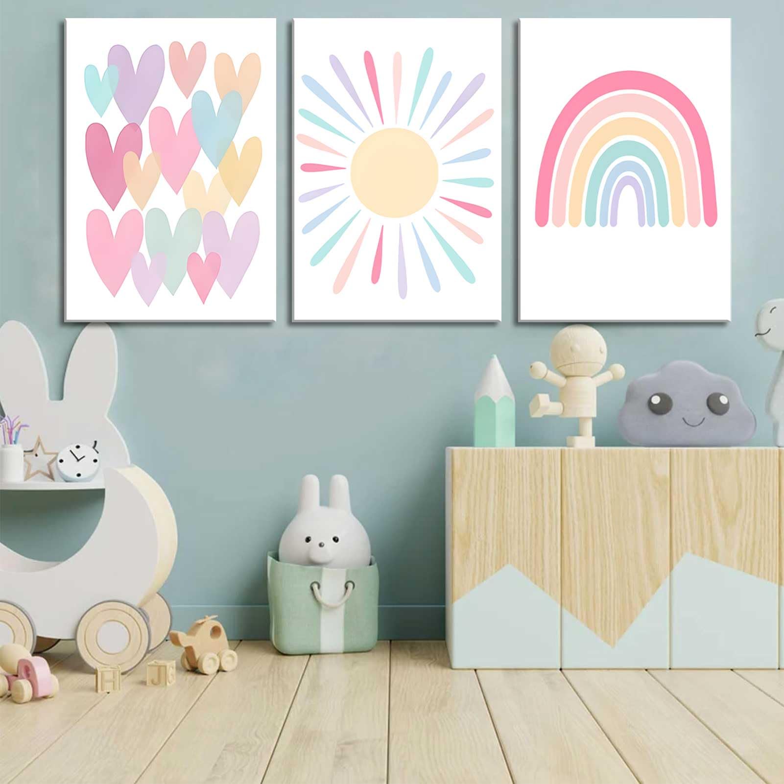 3Pcs Framed Pink Nursery Canvas Wall Art Rainbow Poster Kids Bedroom Baby Girls Toddler Pastel Wall Decor Prints Sun Boho Pink S