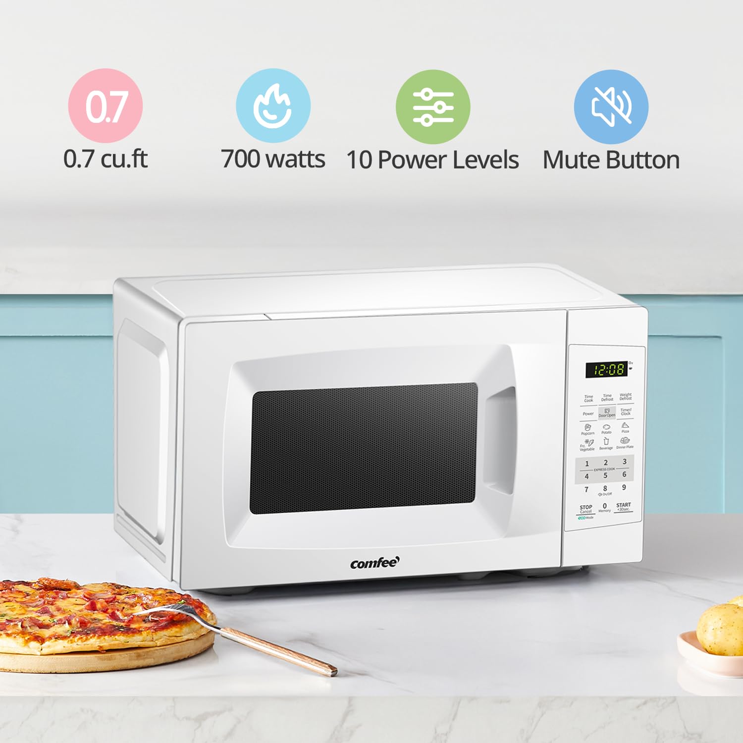 COMFEE EM720CPL-PM Countertop Microwave Oven with Sound On/Off, ECO Mode and Easy One-Touch Buttons, 0.7 Cu Ft/700W, Pearl Whit