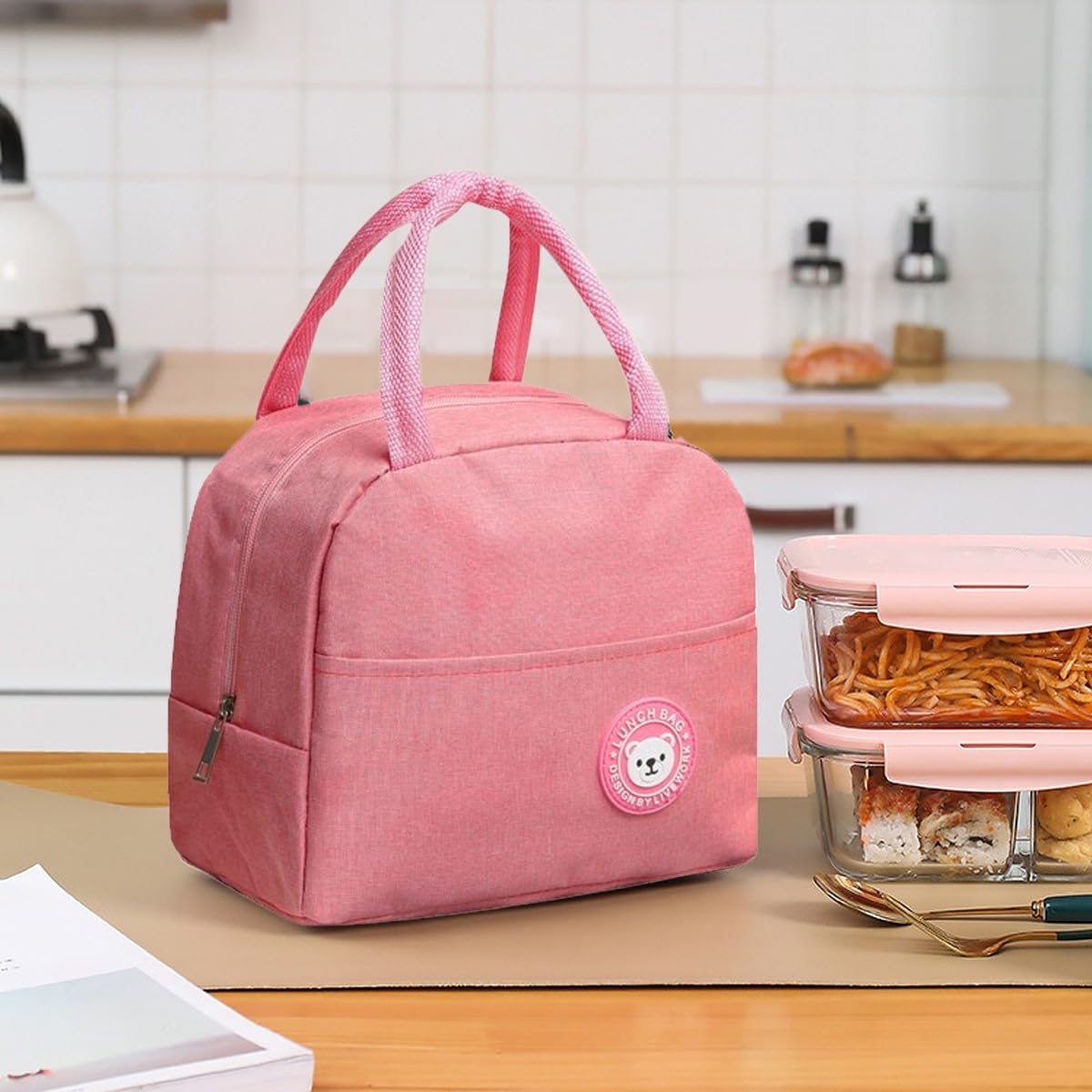 Wolpin Lunch Bags For Office Women, Men, Kids Insulated Travel Box/Tiffin/Storage Bag, College & School (Pink)