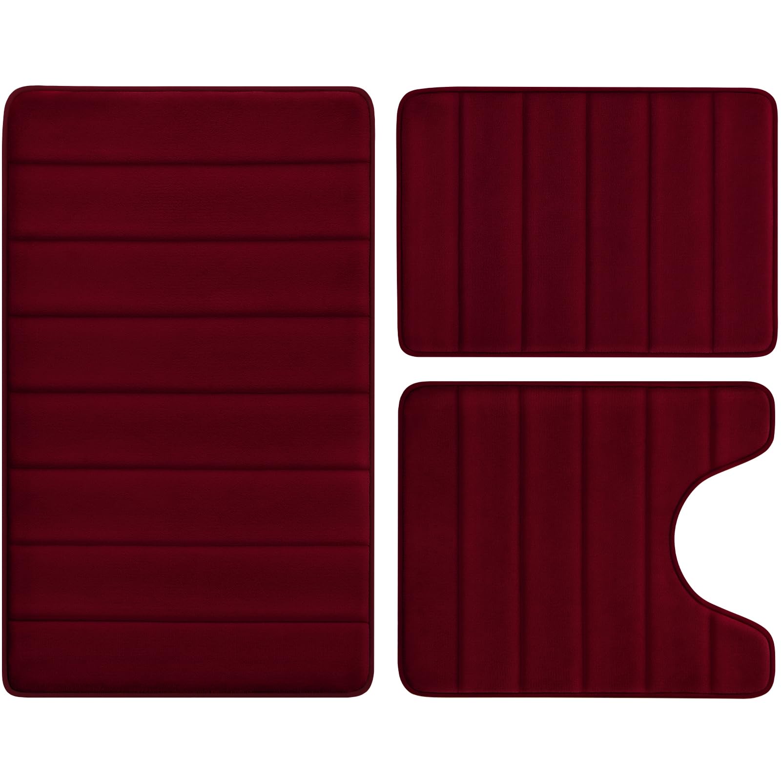 Bysure Burgundy Memory Foam Bathroom Rug Set 3 Piece, Non Slip Extra Soft Absorbent Bath Mats, Machine Washable & Dry Toilet Mat