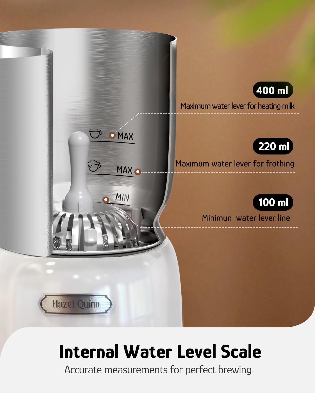 Hazel Quinn Milk Frother - 5 Functions, 400ml, Stainless Steel, Pearl White, Model XQP001, Dishwasher Safe for Hot & Cold Beverages