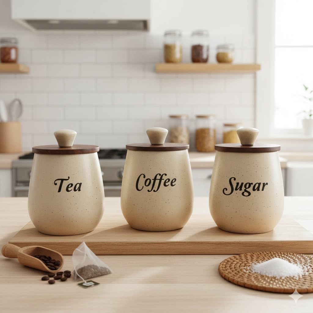 Craftshila Ceramic Tea Coffee Sugar Containers Set Of 3 With Wooden Lids | Jar & Container For Kitchen Storage Set | Multi Utili