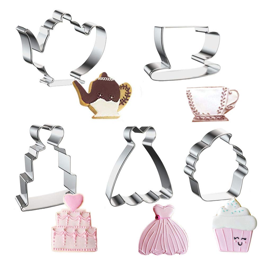 Tea Cookie Cutter Set, 5 Pieces Teapot Teacup Cookie Cutters Kit Stainless Steel Metal Cupcake And Princess Dress Molds Cutters