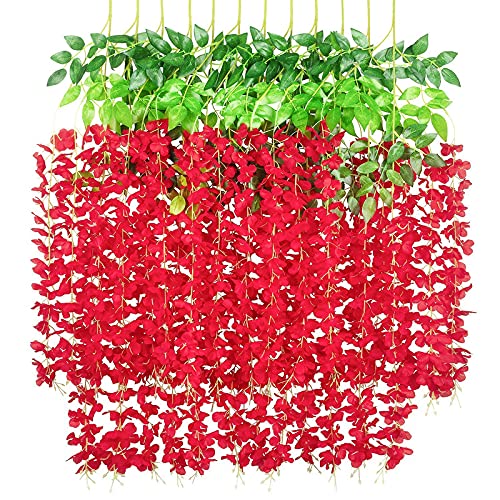 Mundeya Artificial Hanging Wisteria Flower Vine, Pack Of 6, Red