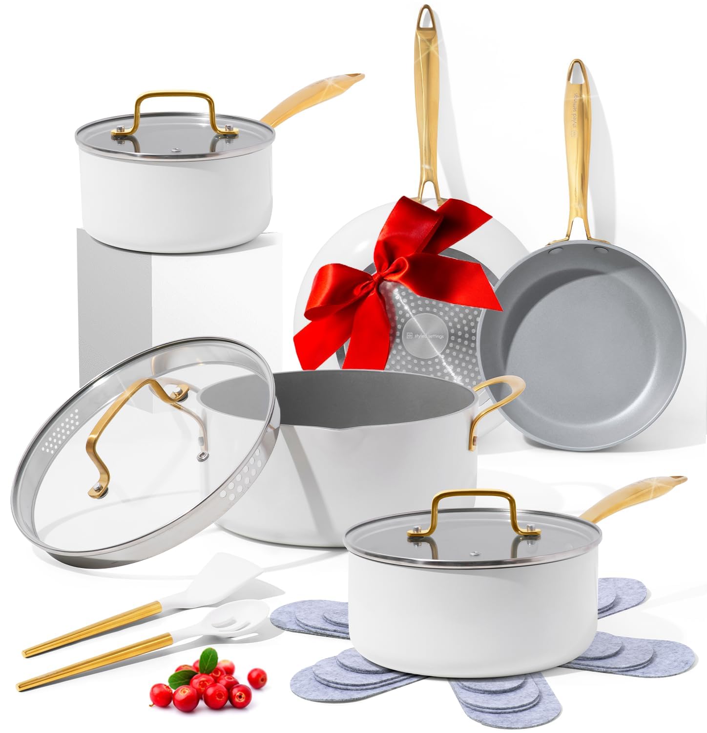 White and Gold Pots and Pans 15 PC Set - Premium Heavy Gauge Nonstick, Non Toxic, PFOA Free, Oven and Dishwasher Safe, Induction