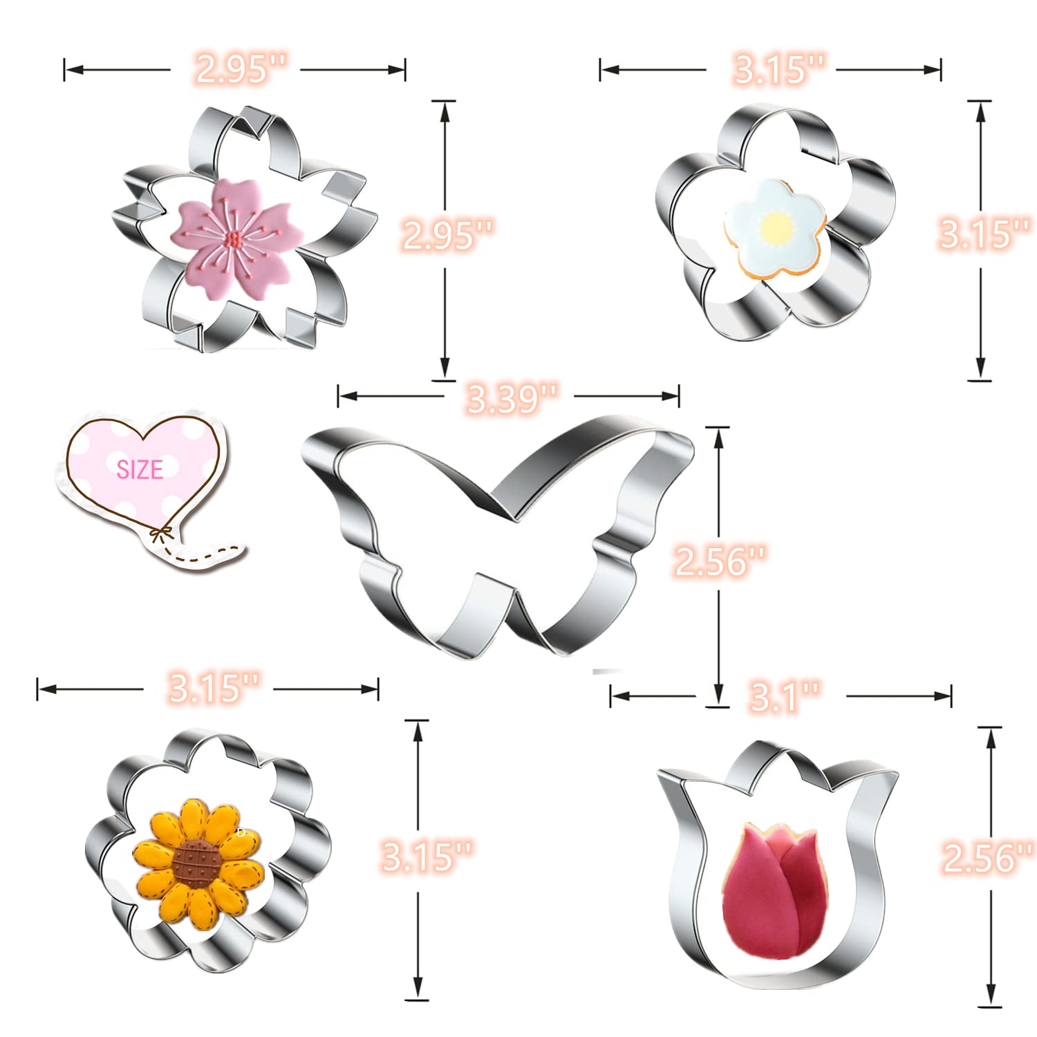 Q-Baker Spring Summer Flowers Cookie Cutters - Rose, Sunflower, Tulip, Daisy Flower, Butterfly, Stainless Steel Holiday Cookie C