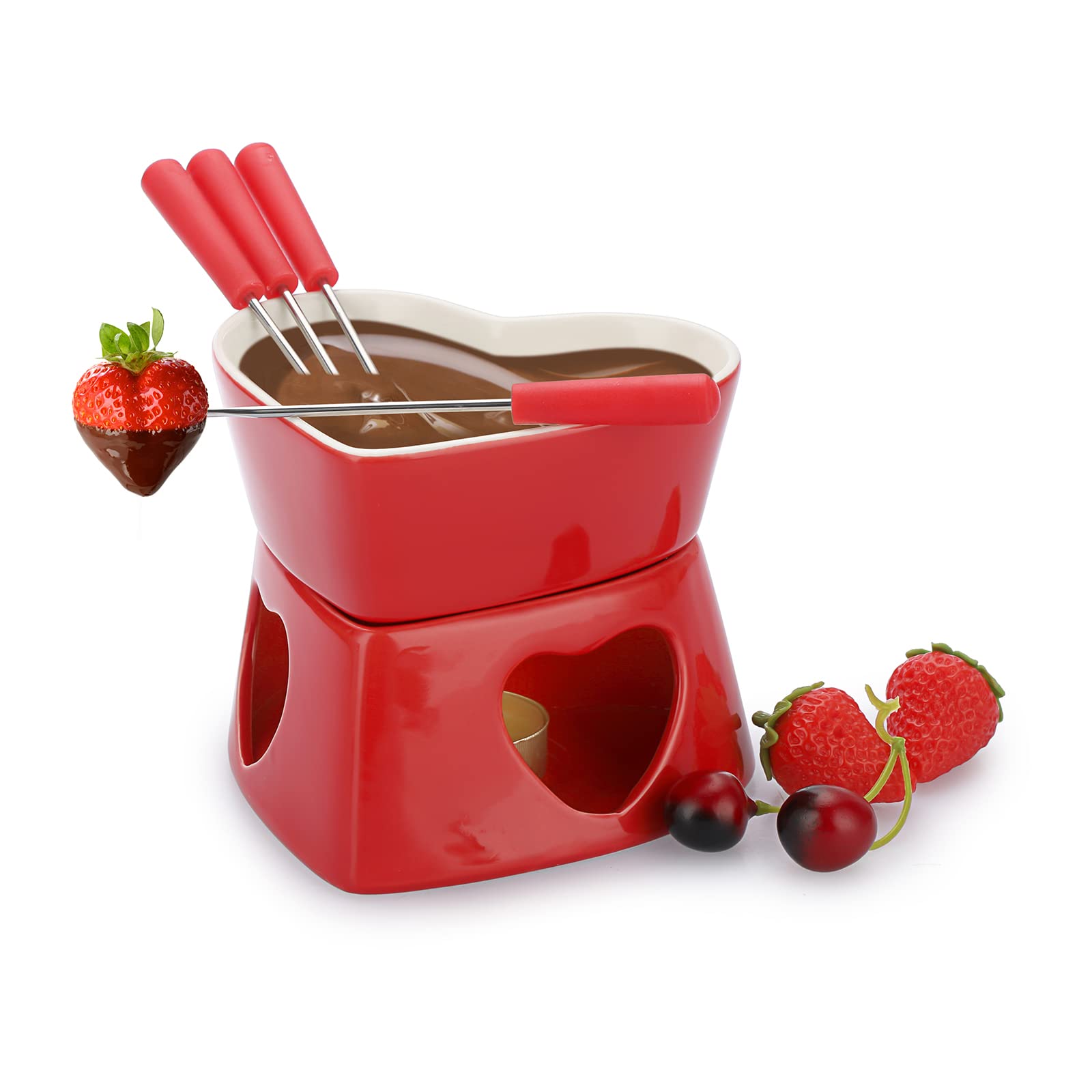 Bstkey Red Ceramic Butter Warmer Set, Heart Shaped Fondue Pot Melting Pot Set, Melt Hot Pot Bowl Set For Cheese Chocolate Butter