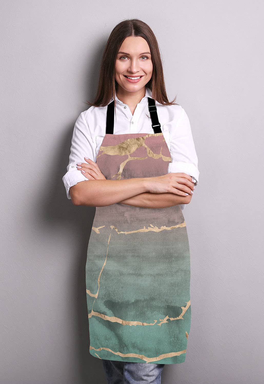 Lefolen Rose Gold Marble Design With Watercolor Gradient Texture Bib Apron With Adjustable Neck For Men Women,Suitable For Home