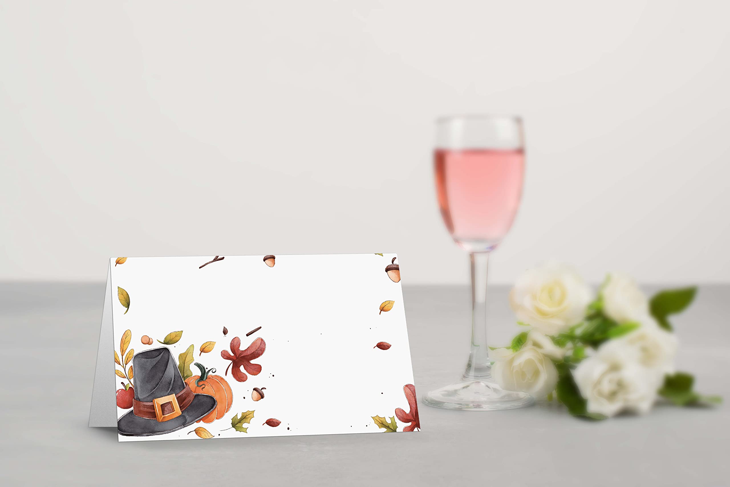 Table Place Card, Fall Thanksgiving Themed Tent Style Cards, Pack Of 25 Half-Fold Reception Place Card With Top Hat And Pumpkin,