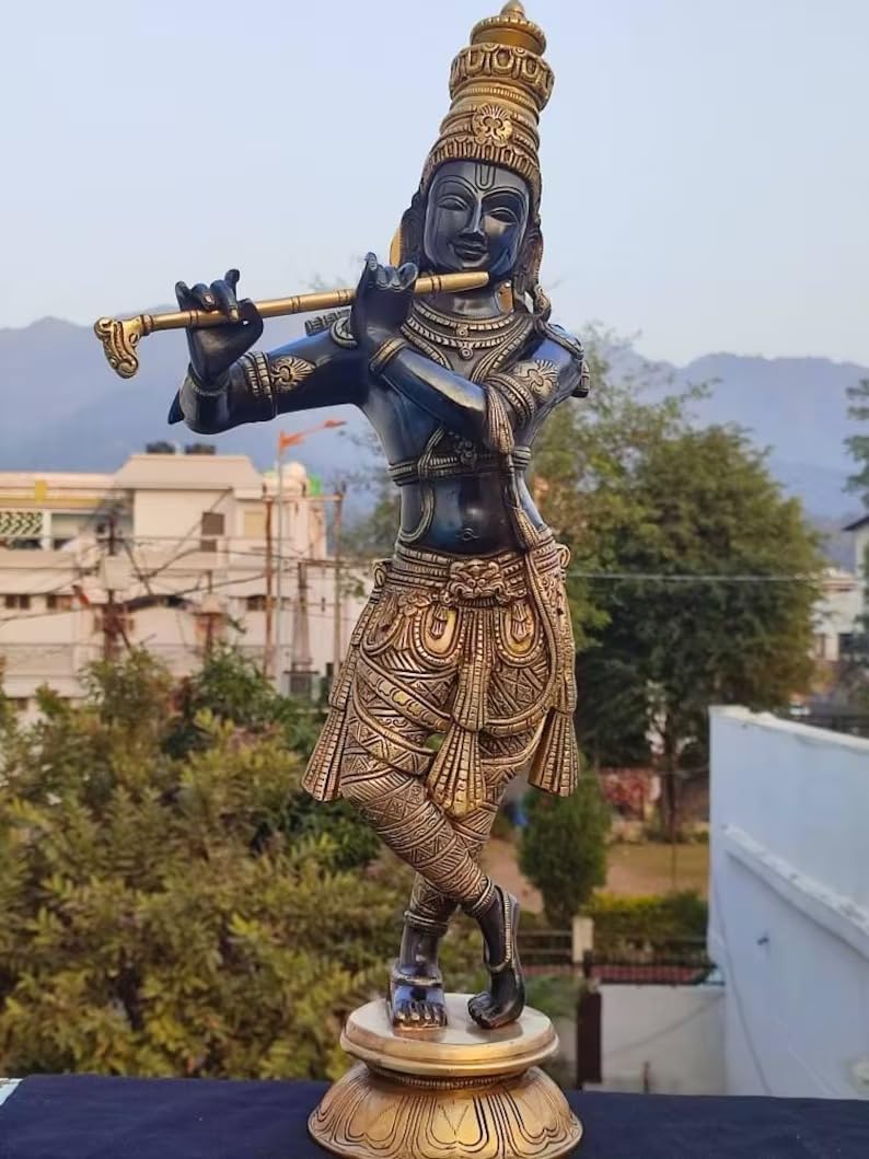 Rugdoll Brass Krishna Statue, Lord Standing Flute Krishna Statue, God Of Love Krishna With Black Brass, 23 Inch, For Temple And 