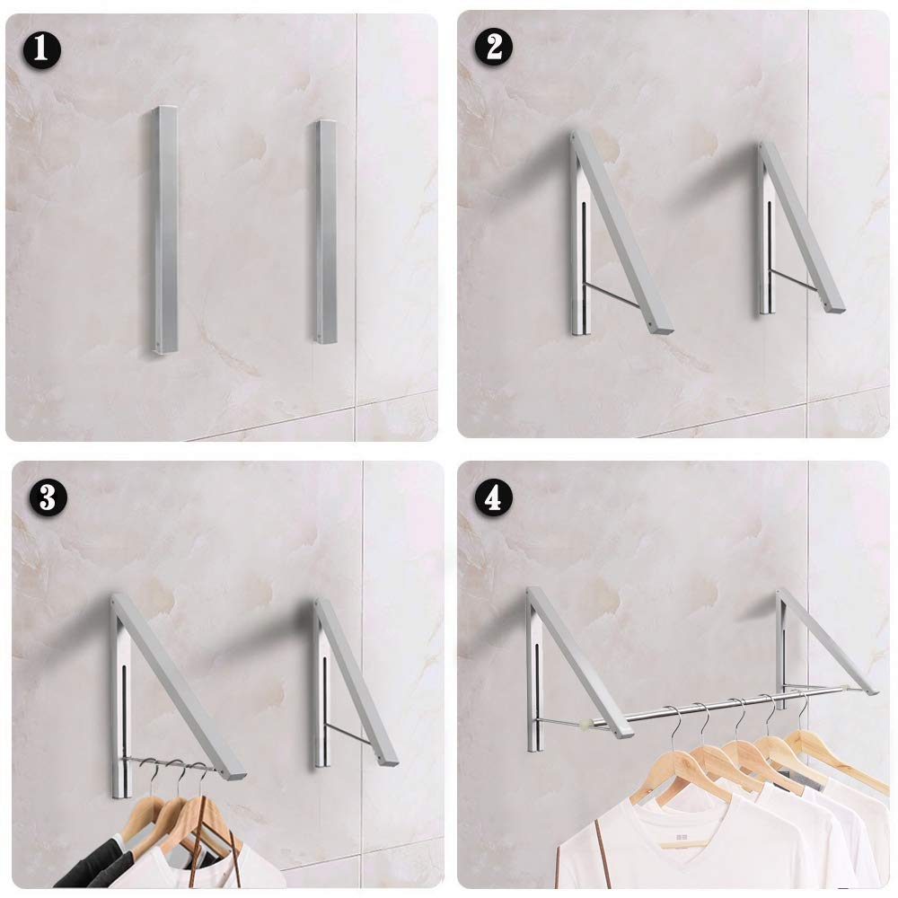 Anjuer Laundry Room Drying Rack Wall Mounted clothes Hanger Folding Wall coat Racks Aluminum Home Storage Organiser Space Savers Silver 2 Rakcs with Rod