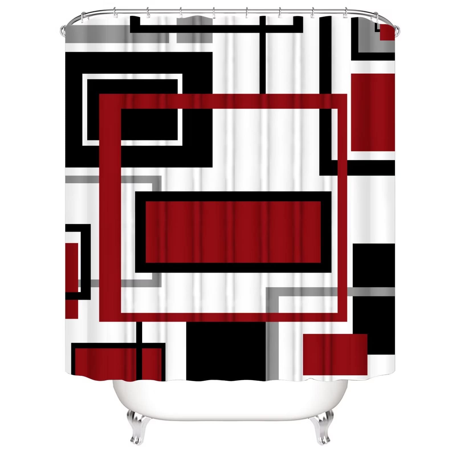 Yddsky 4 Pcs Red Geometric Shower Curtain Sets Non-Slip Rugs Bath Mat, Toilet Cover, U-Shaped Mat, Abstract Geometric Modern Sho