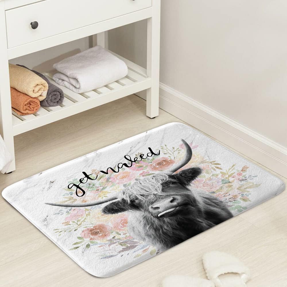 JAWO Get Naked Bath Mat for Bathroom  Farmhouse Highland Cow Bull Non-Slip Bathroom Rug  Farmhouse Bath Mat  Bathroom Accessories 17X29inches