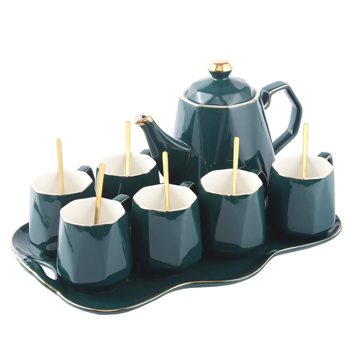 Dujust 14 Pcs Tea Set Of 6 With Tea Tray & Spoons, Modern Diamond Design Tea/Coffee Cup Set With Golden Trim, Chic Porcelain Liv