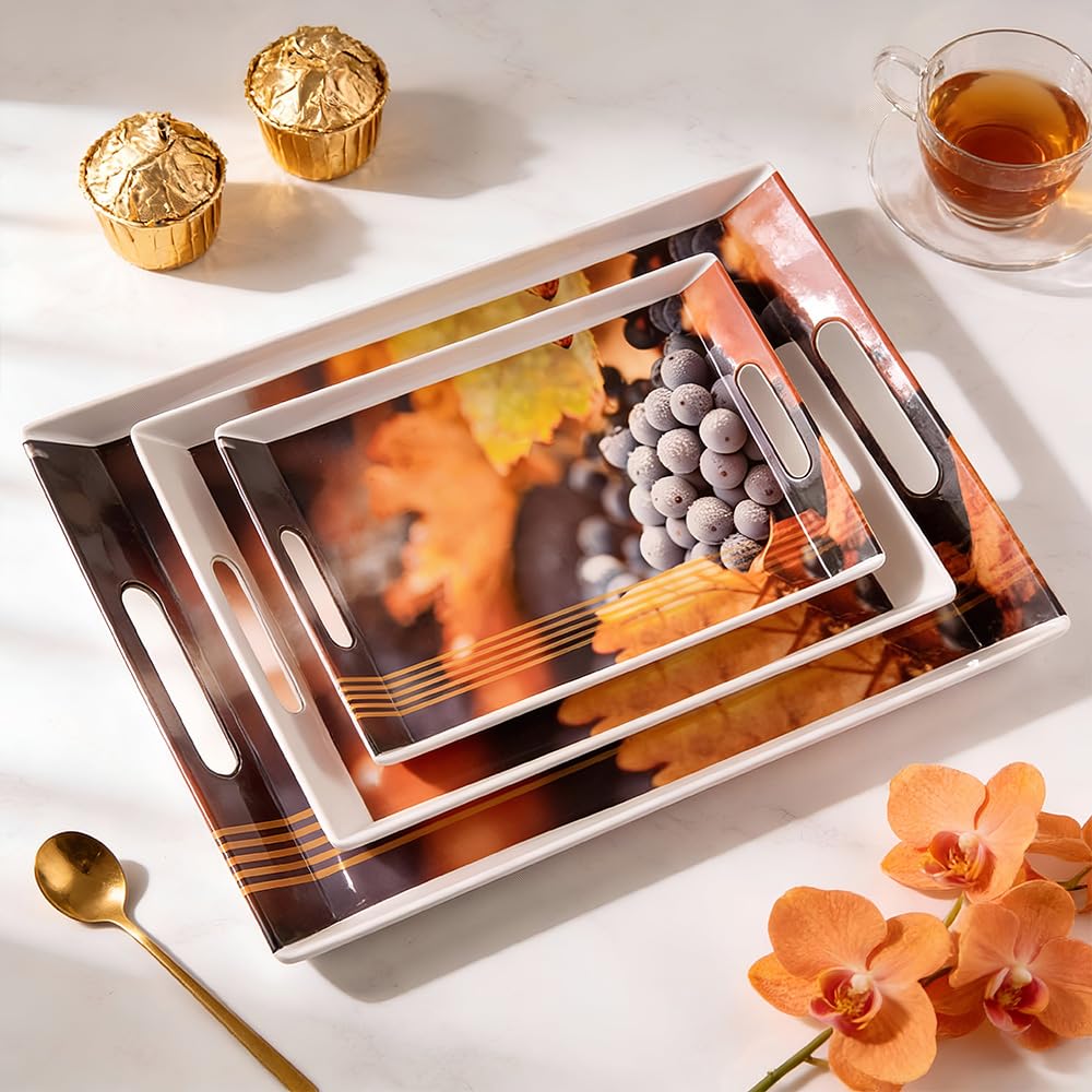 U.P.C Serving Tray Set Of 3, Melamine Serving Rectangular Tray For Kitchen, Multi-Use Nashta Plate (Small, Medium & Large)