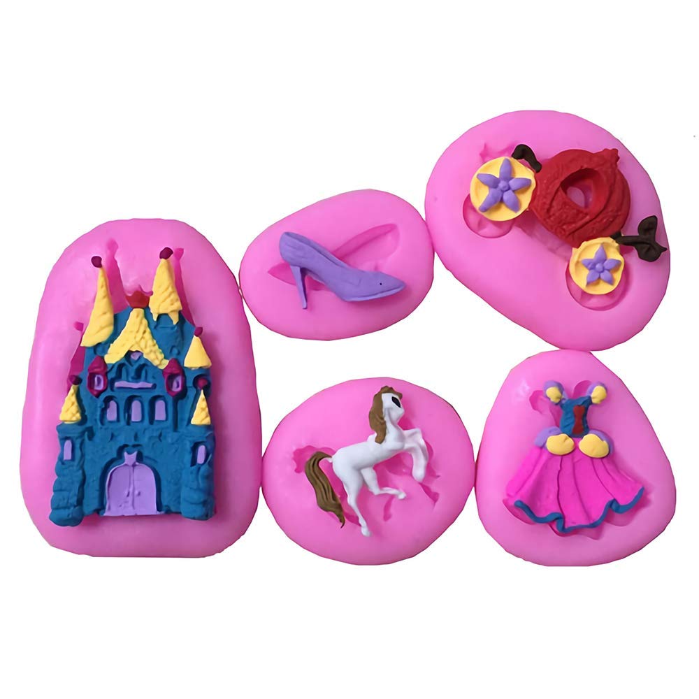 5Pcs Cinderella Themed Fondant Mold Silicone Castle Crystal Shoes Pumpkin Carriage Gumpaste Sugarcraft Chocolate Candy Mold For