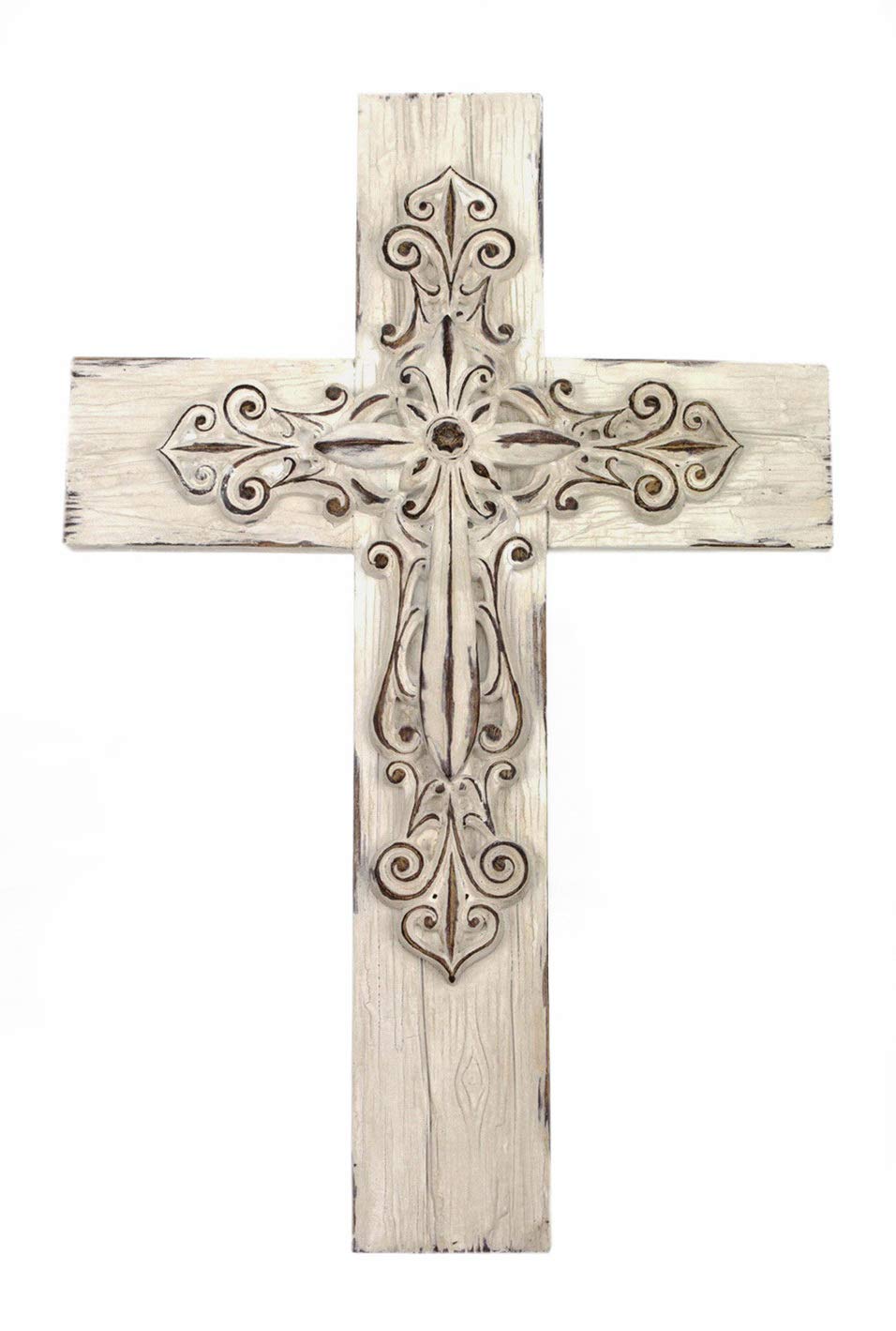 Comfy Hour White Wood Handmade Layered Cross 13, Antique Style, Art Wall Decor, Resin, Faith and Hope Collection