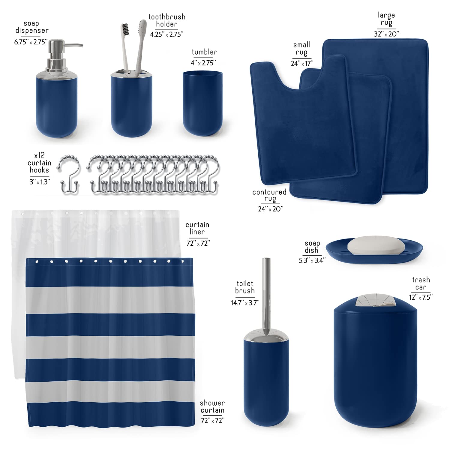 Clara Clark Bathroom Set - Navy Bathroom Accessories Set  Bathroom Sets with Shower Curtain and Rugs  23PC Shower Curtain Set with Liner  Soap Dispenser  Soap Dish  Toilet Brush Holder  and Trash Can