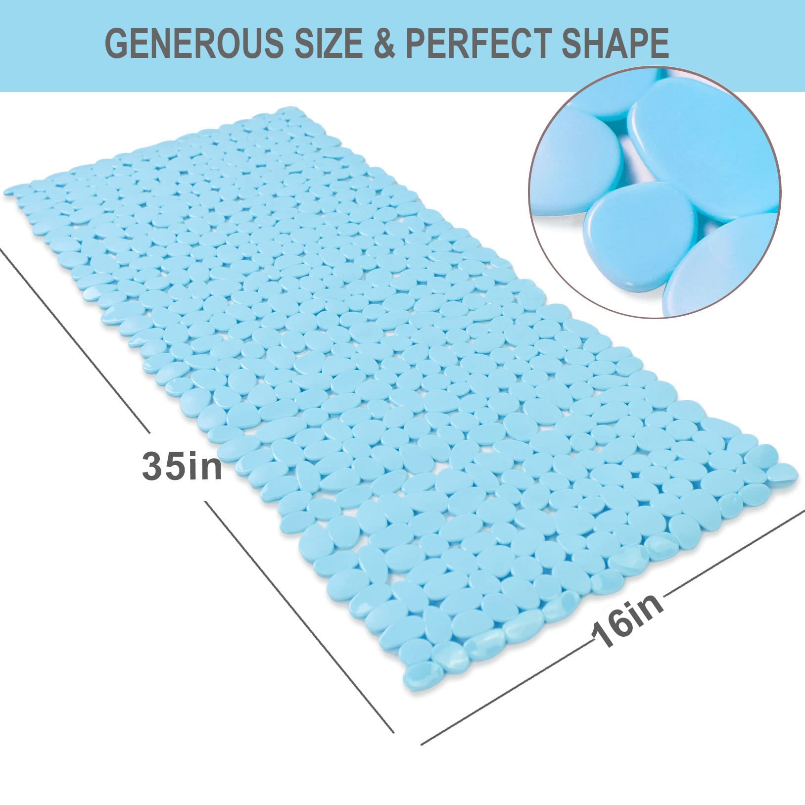 Songziming Bathtub Mat Non Slip Pebble Bath Shower Mat With Drain Holes, Suction Cups Mat For Tub 16'' W X 35'' L, Blue