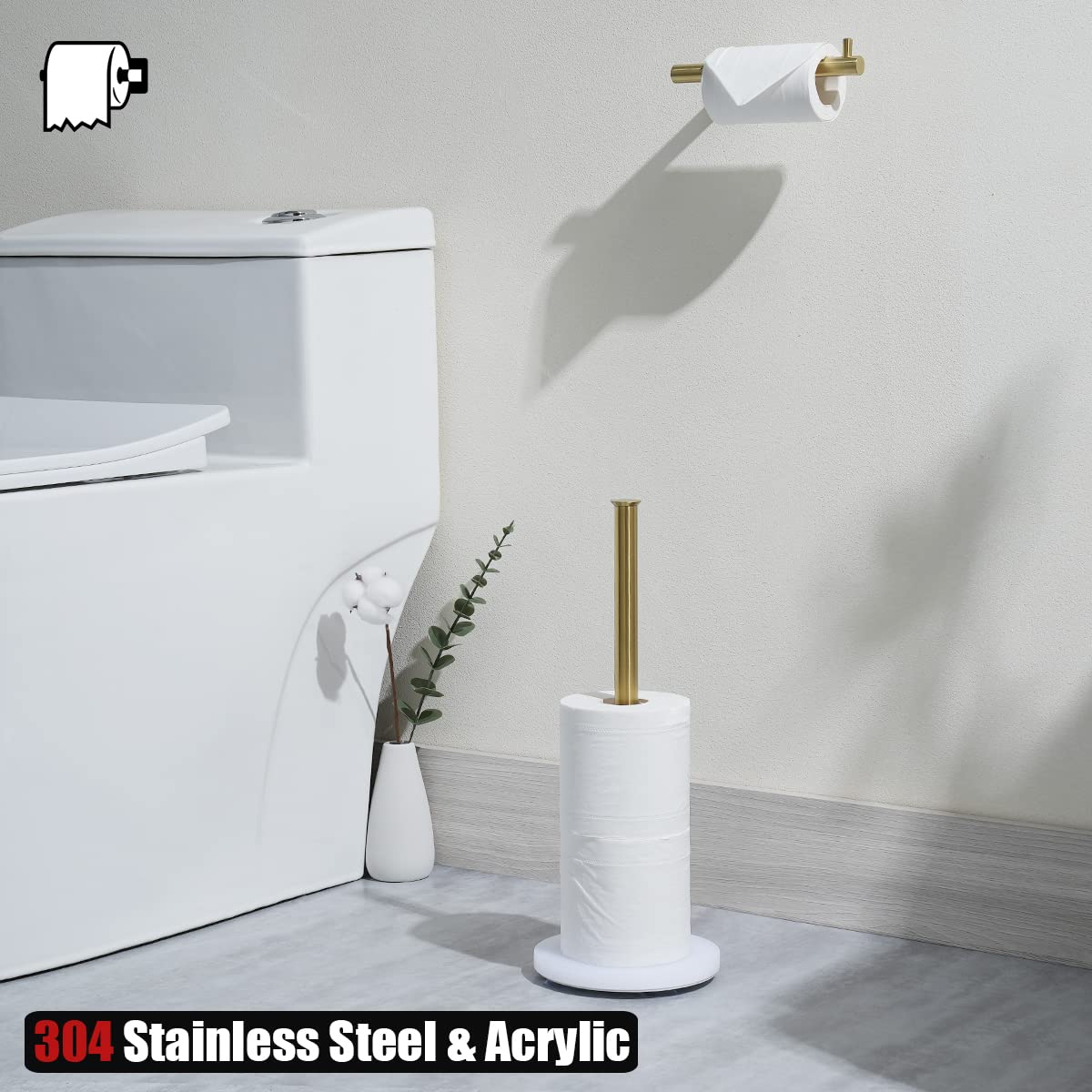 Jqk Toilet Paper Storage Stand White Gold, 304 Stainless Steel Tissue Reserve Holder Dispenser For Bathroom, Brushed Gold, Tps18