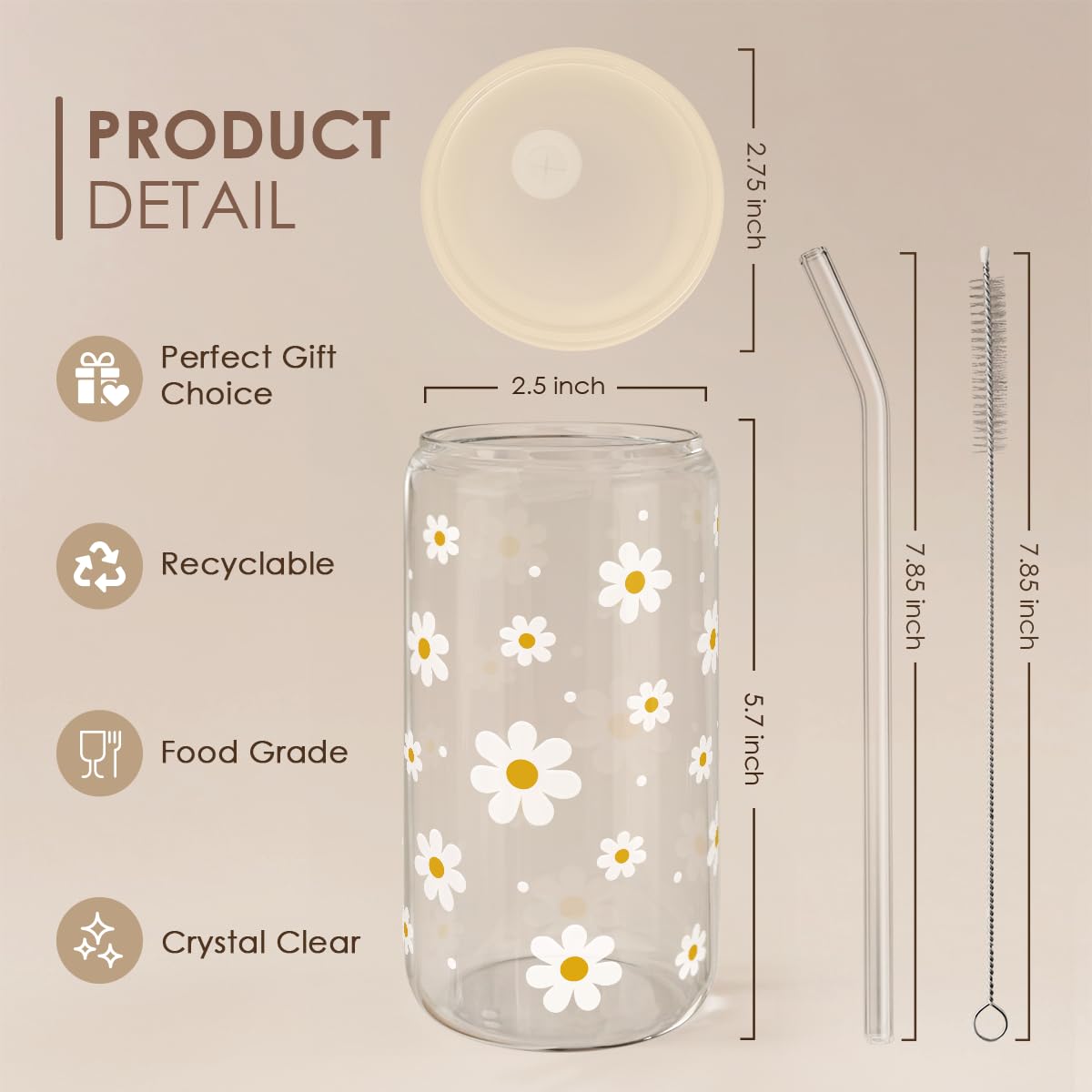 Daisy 16 Oz Can Glass Tumbler with Acrylic Lid and Straw - Iced Coffee Cups for Women, Aesthetic Glass Cup Gift for Birthday Chr