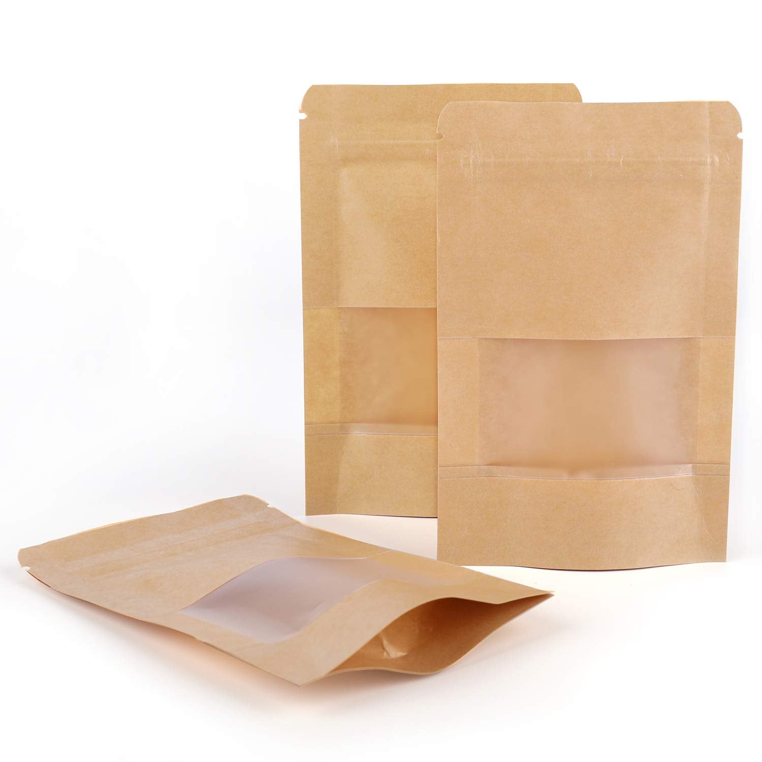 Kingrol 300 Pack 3.5 X 5.5 Inch Mini Kraft Paper Bags With Resealable Lock Seal Zipper &Transparent Window, Stand Up Food Bags