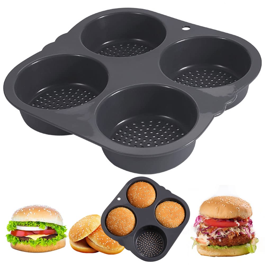 OUGETHER Hamburger Bun Mold Baking Hamburger Bread Pan Non-Stick Silicone Mold Dishwasher Safe 4 Cavities for Burger Buns Kitche