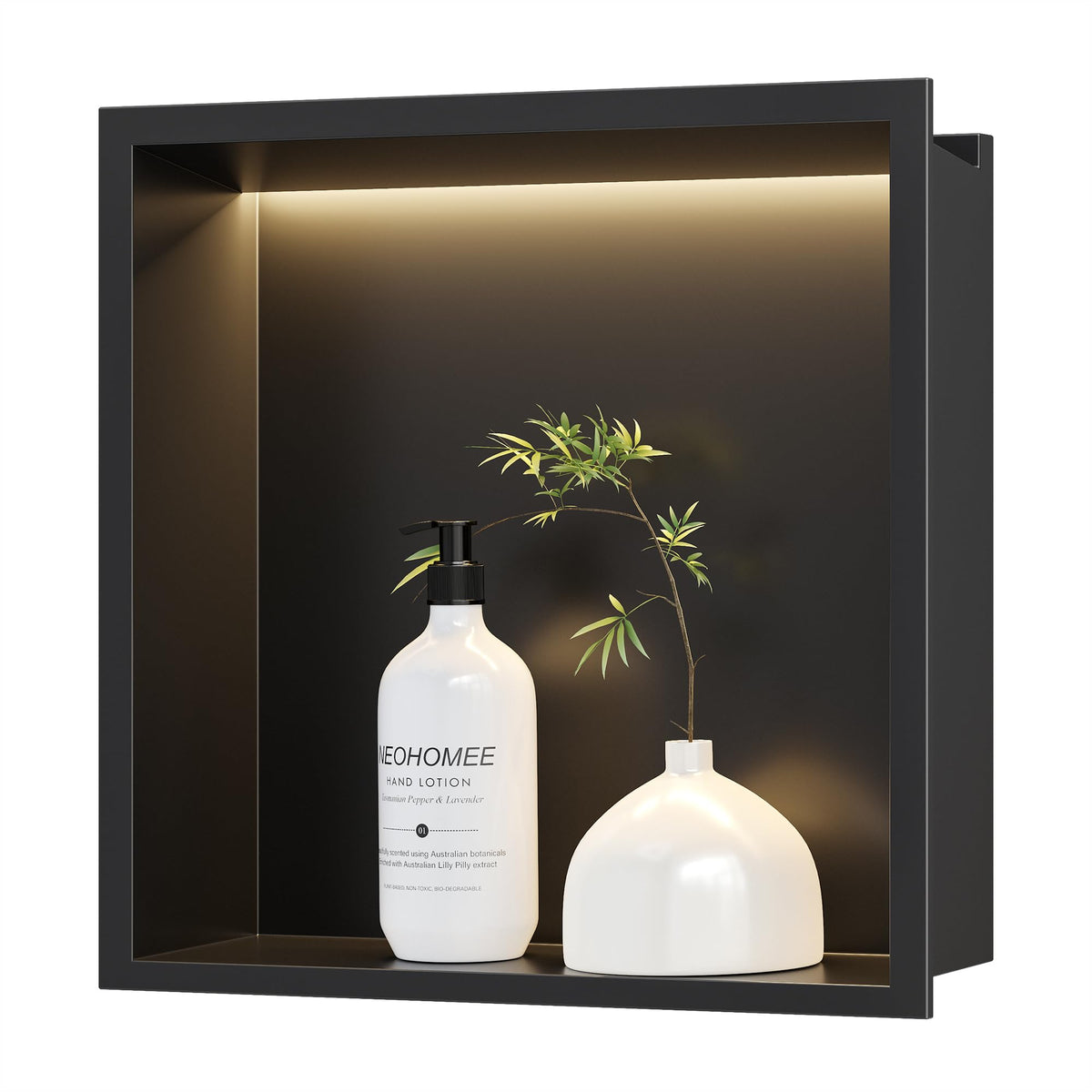 Neodrain Shower Niche, 12''X12'' Matte Black Wall Niche, Stainless Steel Niche With Non-Dimmable Led Light, No Tile Needed Reces