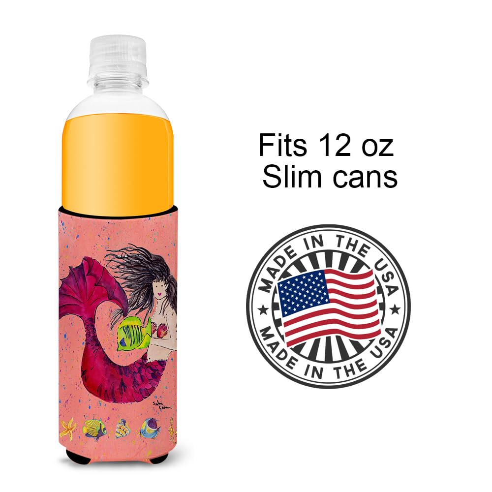 Black haired Mermaid on Red Ultra Beverage Insulators for slim cans 8338MUK
