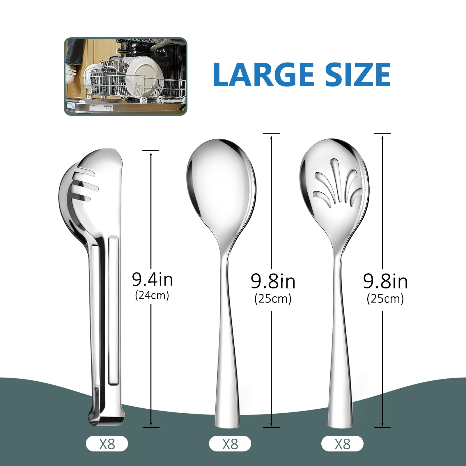 24 Pack Stainless Steel Large Serving Utensils Set - 10'' Serving Spoons X 8, 10'' Slotted Spoons X 8, And 9'' Serving Tongs X 8