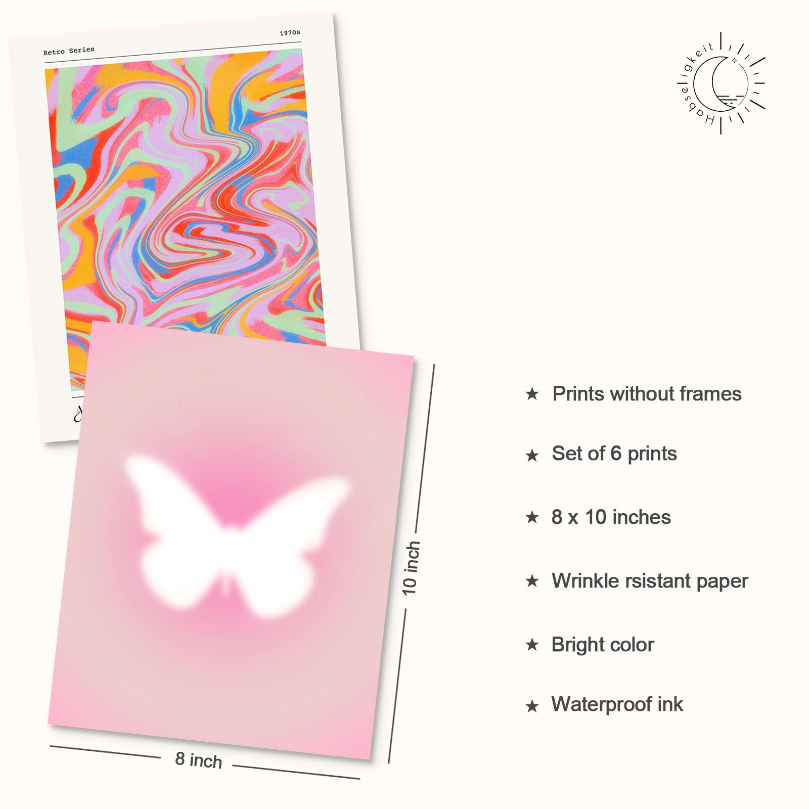 Habseligkeit Pink Wall Art Prints, Abstract Gradient Wall Posters, Buttefly Wall Art, Pink Room Decor For Aesthetic Bedroom 8X10