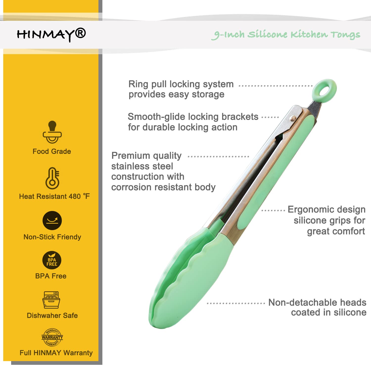 Hinmay Stainless Steel Kitchen Cooking Tongs With Silicone Tips 9-Inch Serving Tongs, Set Of 3 (Mint Pink Yellow)