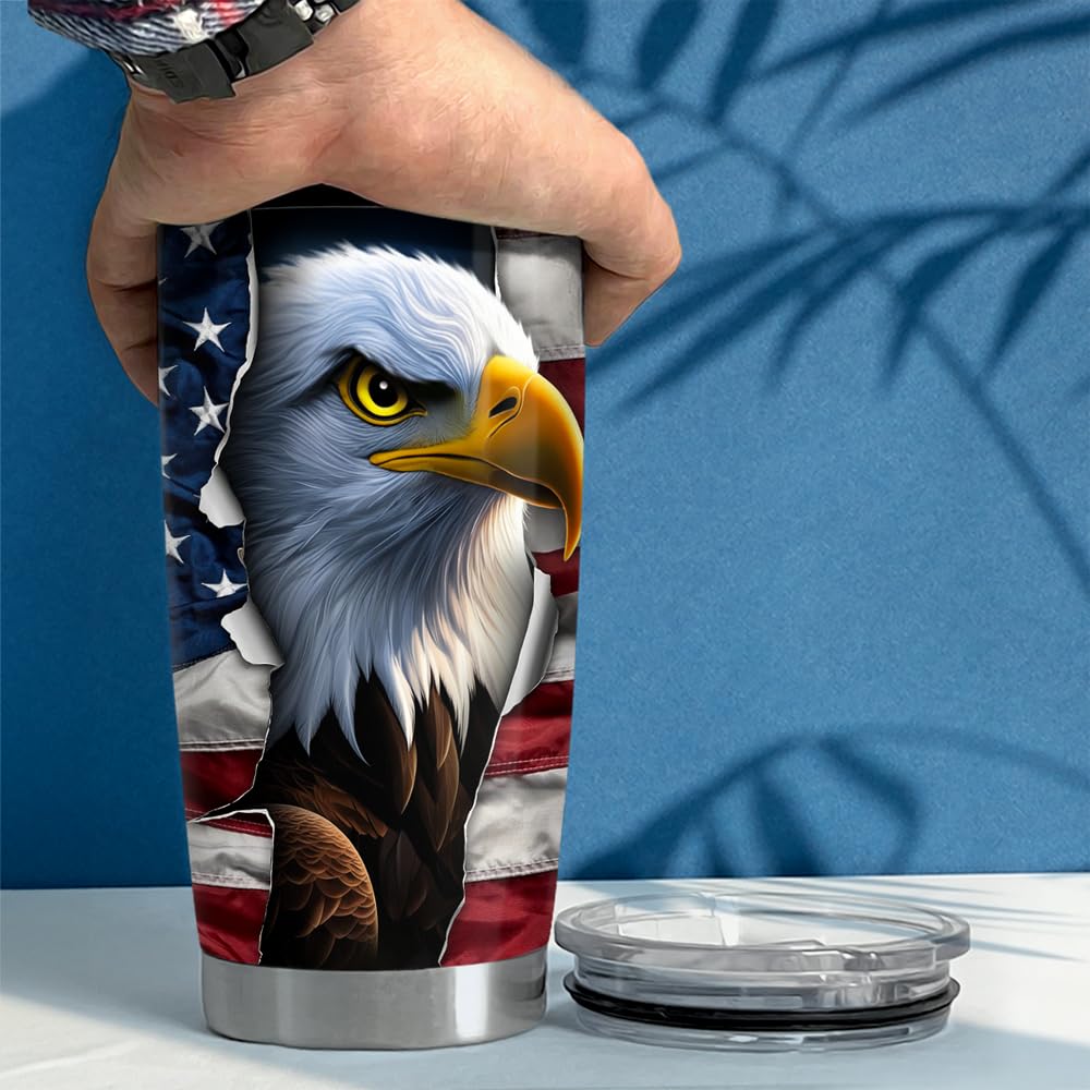 SANDJEST Eagle Tumbler 20oz Stainless Steel Insulated Coffee Travel Mug Cup American Flag Eagle Gifts for Men, Veterans on Birth